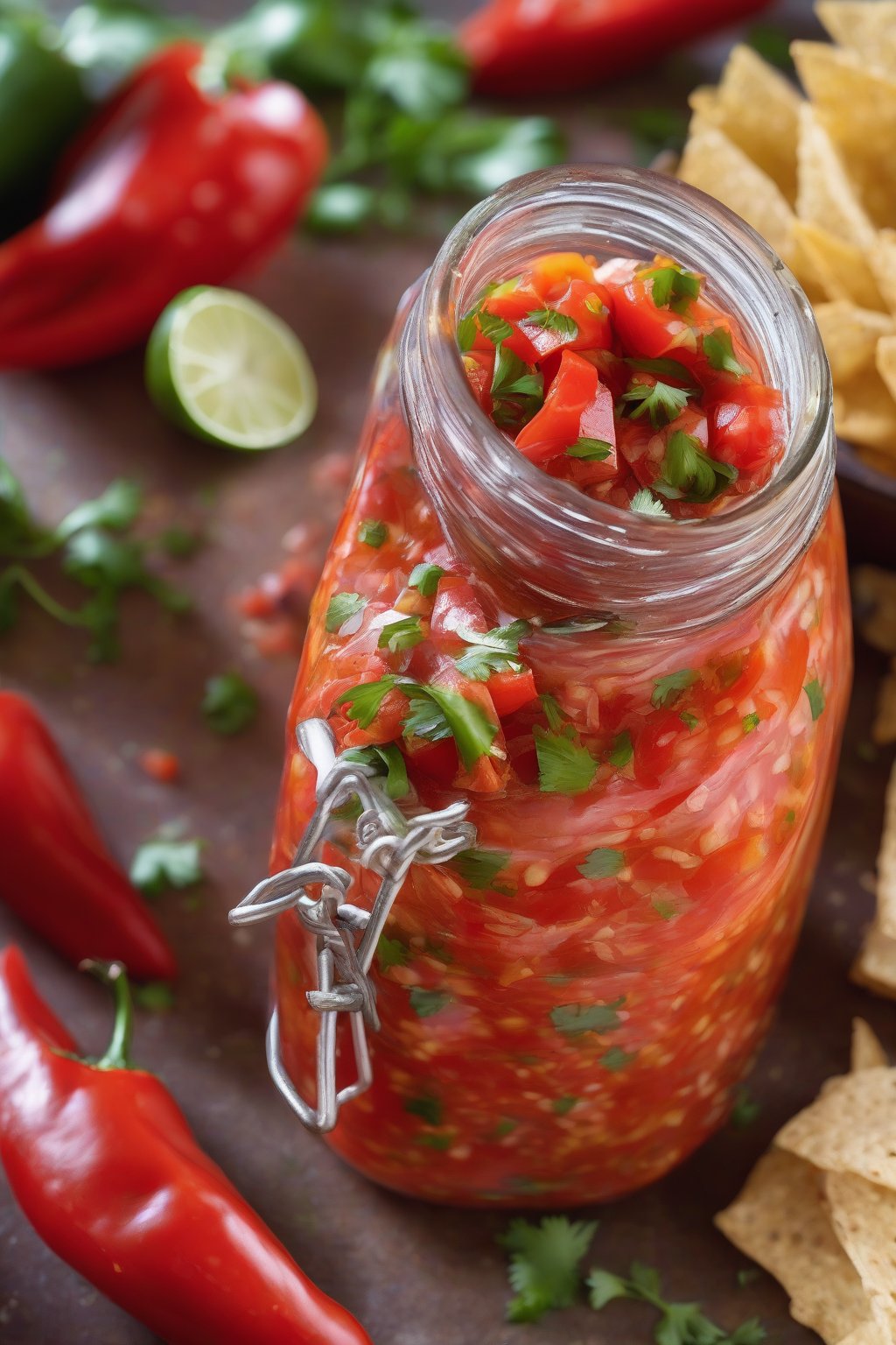 A high-resolution close-up photo of fiery red roasted pepper salsa in a glass jar, under soft lighting.