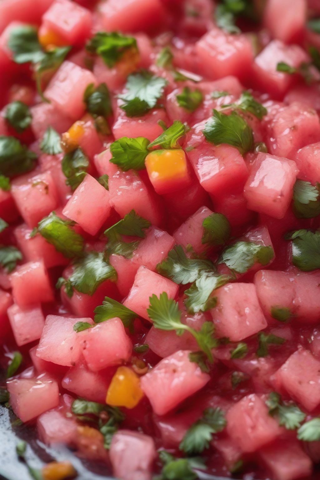 A high-resolution close-up photo of pink watermelon ghost pepper salsa with juicy cubes, under soft lighting.