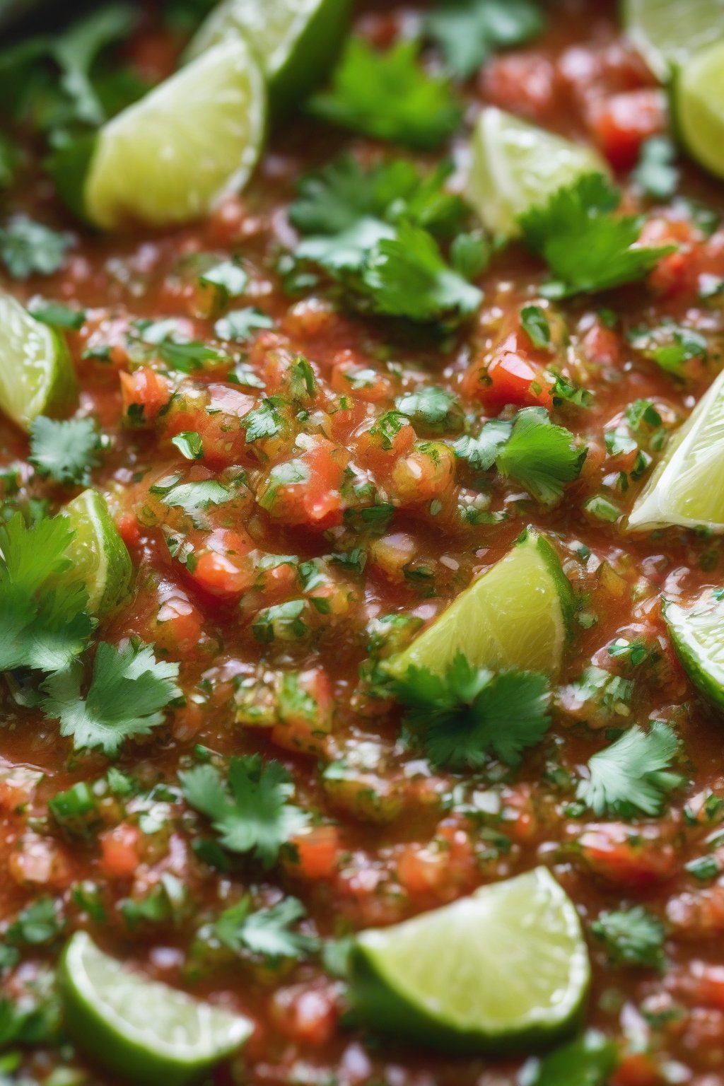 A high-resolution close-up photo of herby cilantro lime chili salsa brimming with green flecks, under soft lighting.