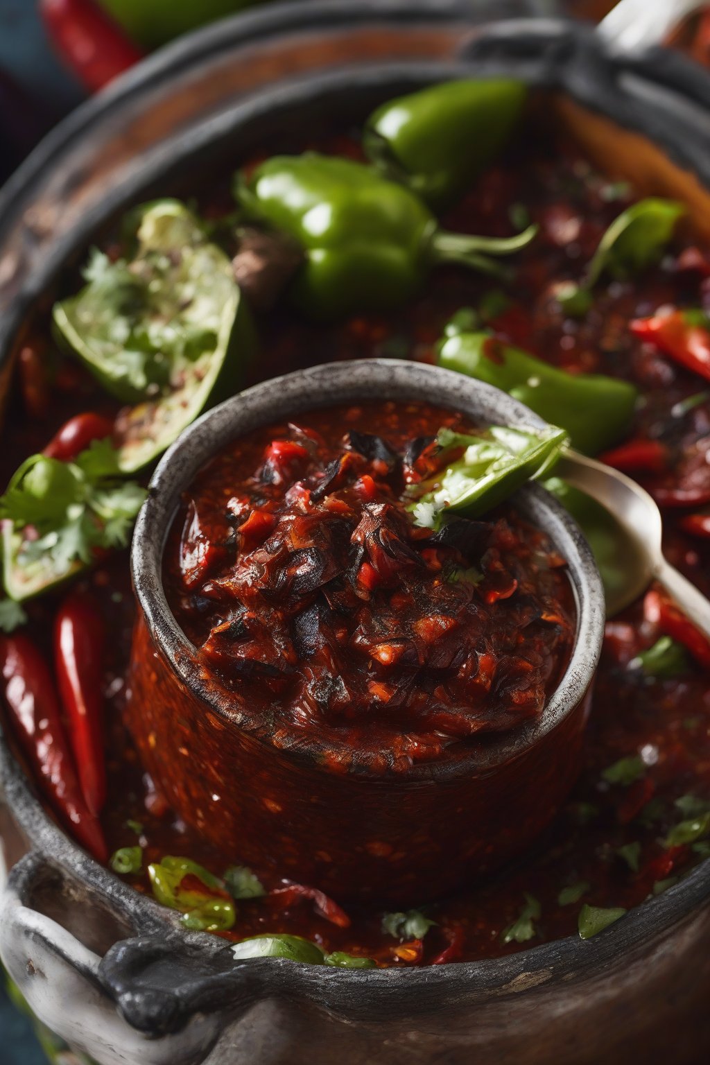 A high-resolution close-up photo of deep red ancho poblano salsa with charred pepper skins visible, under soft lighting.