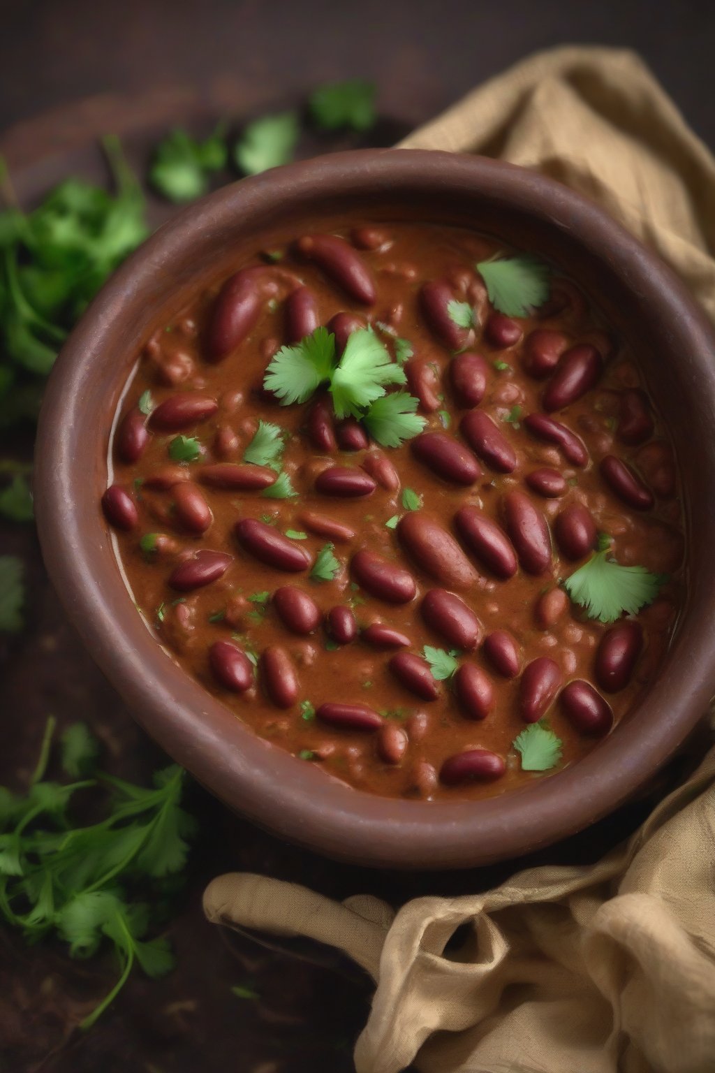 A close-up photo of steaming Punjabi rajma masala garnished with cilantro in a clay bowl under soft lighting.