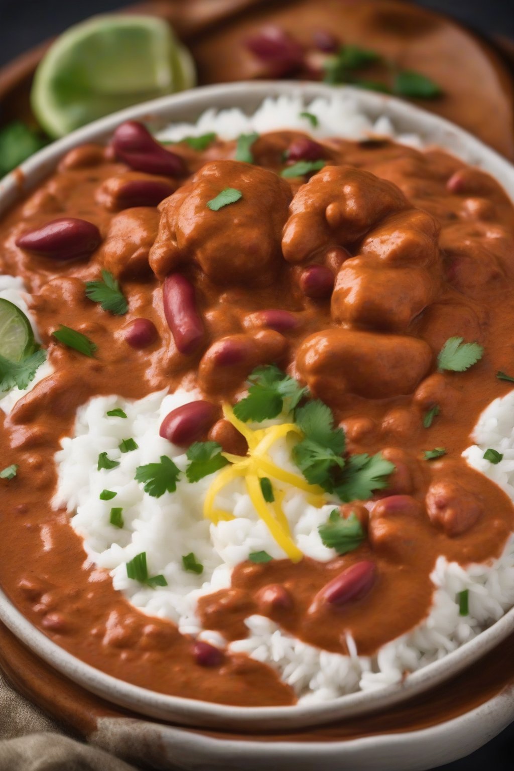 A close-up photo of creamy rajma tikka masala drizzled with butter under soft lighting.