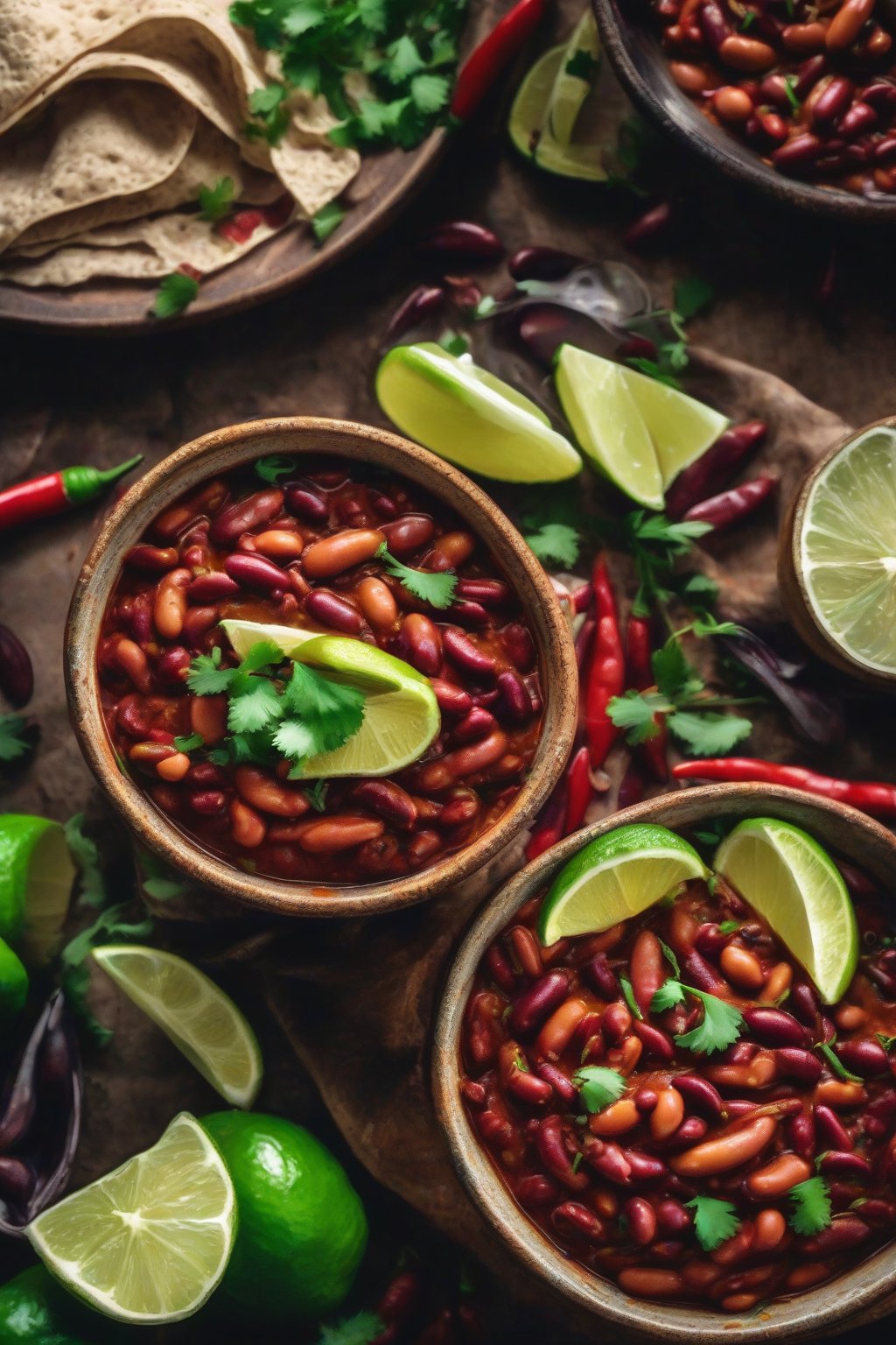A close-up photo of vibrant spicy rajma chilli beans topped with lime wedges under soft lighting.