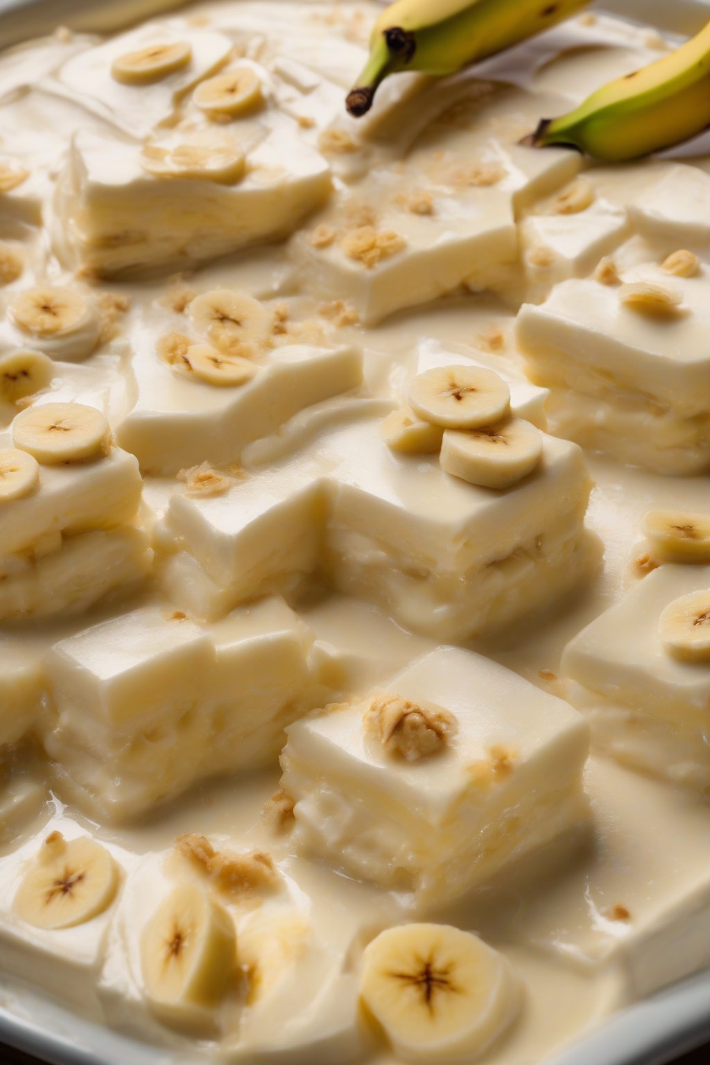 A high-resolution photo of rum-infused banana pudding layers glistening under soft lighting.