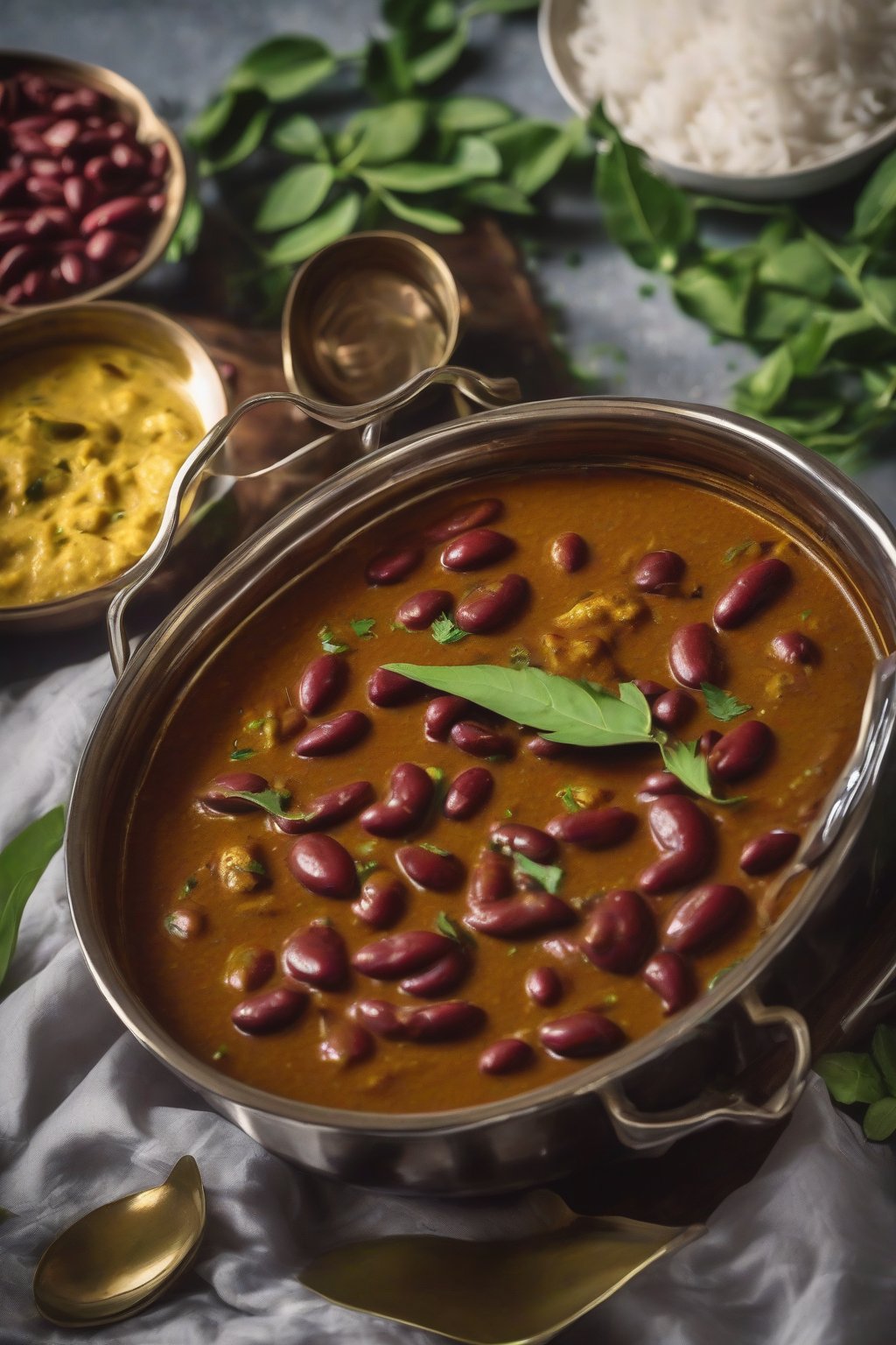 A close-up photo of Andhra spicy rajma curry with curry leaves floating in a spicy gravy under soft lighting.
