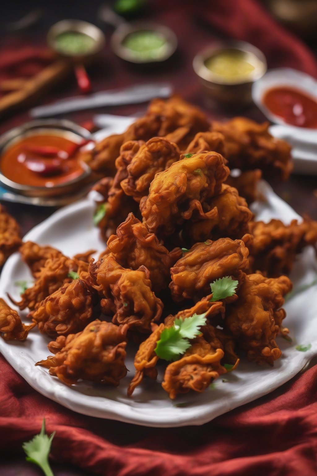 A close-up photo of golden crispy rajma ghost pepper pakoras on a plate under soft lighting.