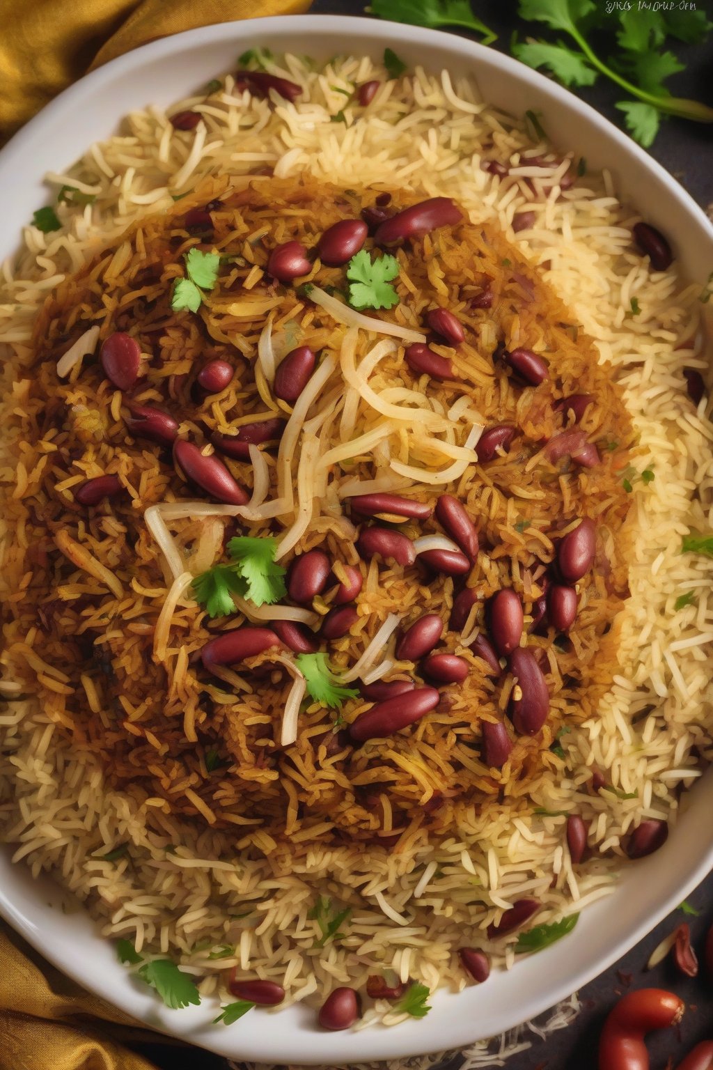 A close-up photo of fluffy smoky rajma biryani with fried onions under soft lighting.