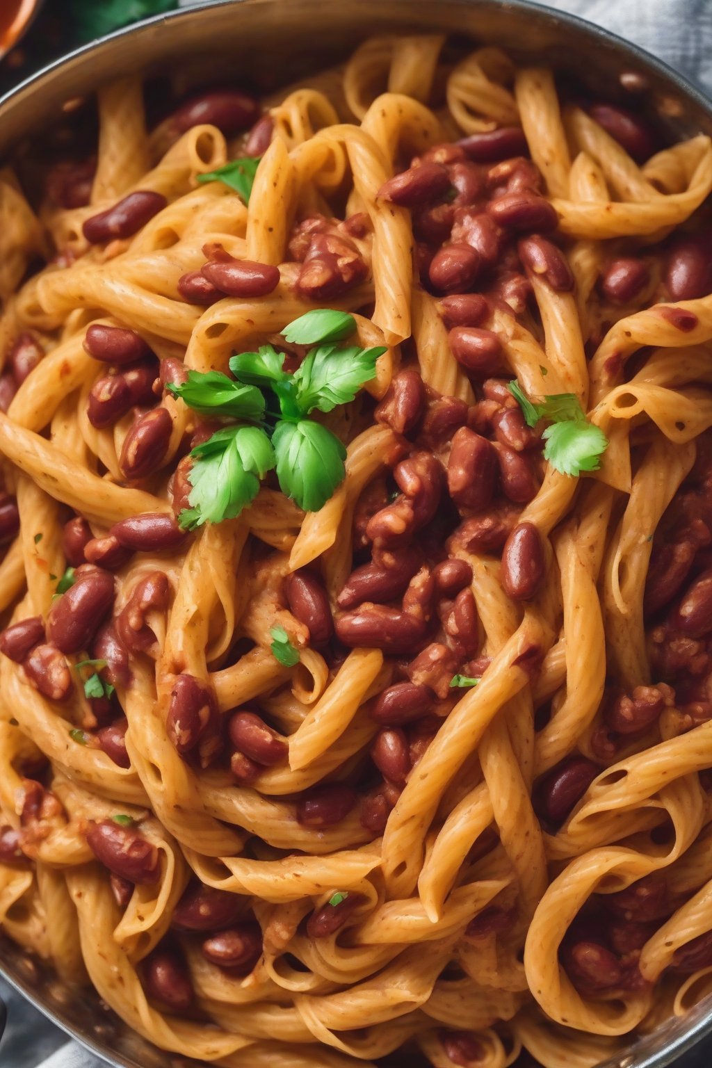 A close-up photo of fiery rajma pasta tossed with red sauce under soft lighting.