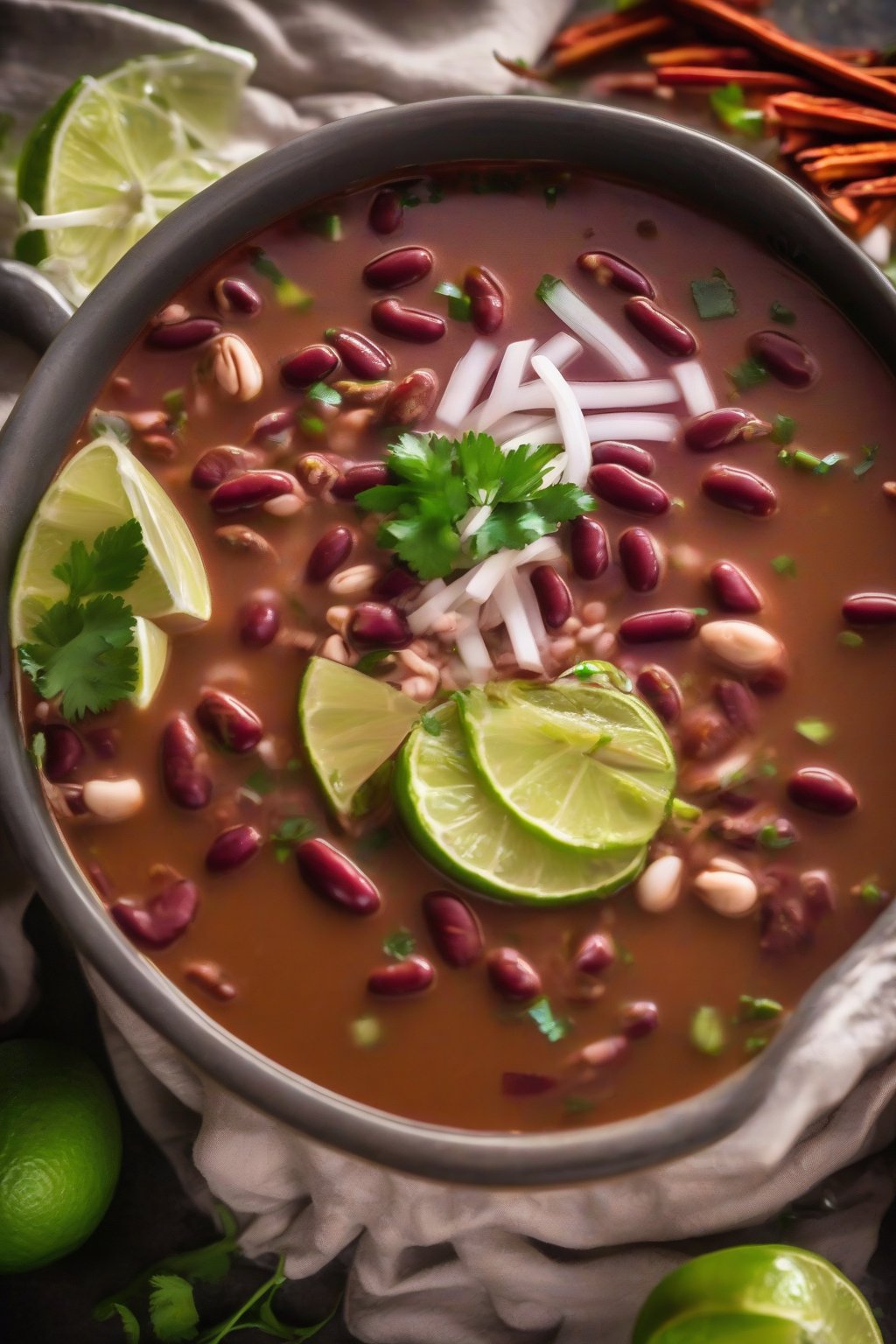A close-up photo of steaming Thai spicy rajma soup with lime garnish under soft lighting.