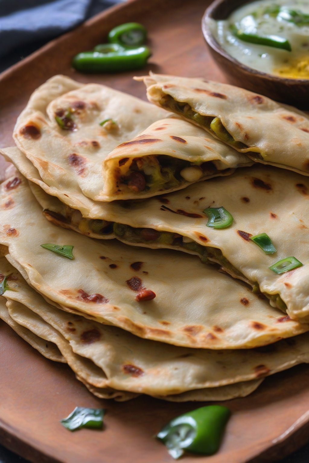 A close-up photo of flaky rajma jalapeño stuffed parathas with ghee shine under soft lighting.