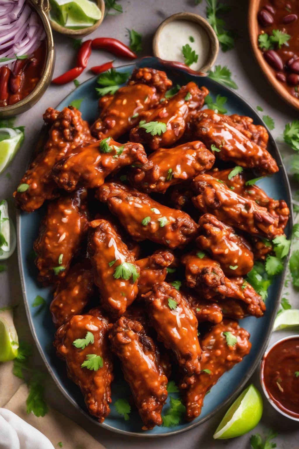 A close-up photo of saucy buffalo rajma wings on a platter under soft lighting.