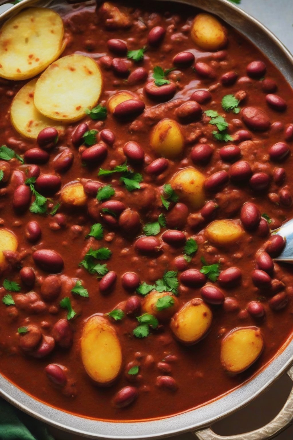 A close-up photo of bold Goan vindaloo rajma with potatoes in a spicy red gravy under soft lighting.