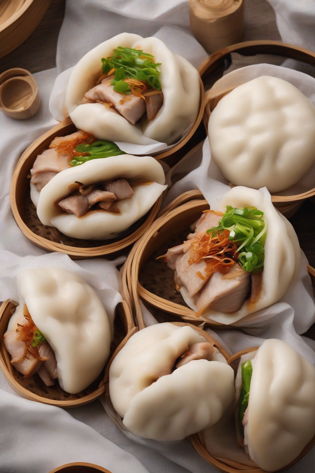 A high-resolution photo of fluffy steamed pork belly bao buns with glossy tops, sliced open to reveal juicy filling, under soft lighting.