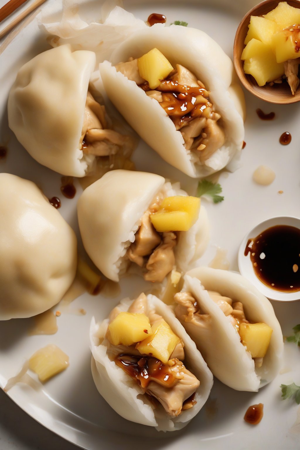 A high-resolution photo of golden steamed teriyaki chicken bao buns, one halved showing pineapple bits and glossy sauce, under soft lighting.