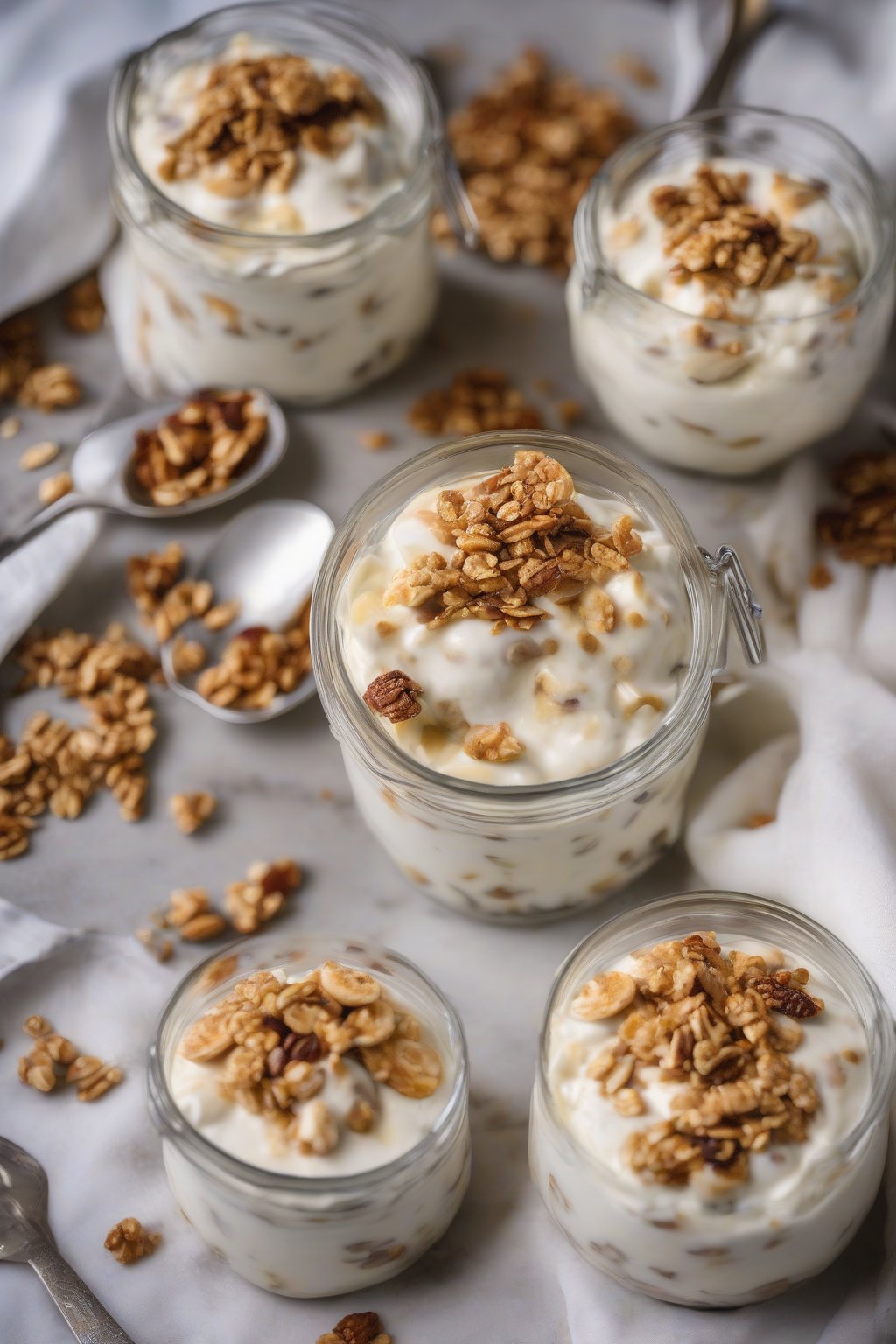 A high-resolution photo of Greek yogurt banana pudding with granola crunch under soft lighting.