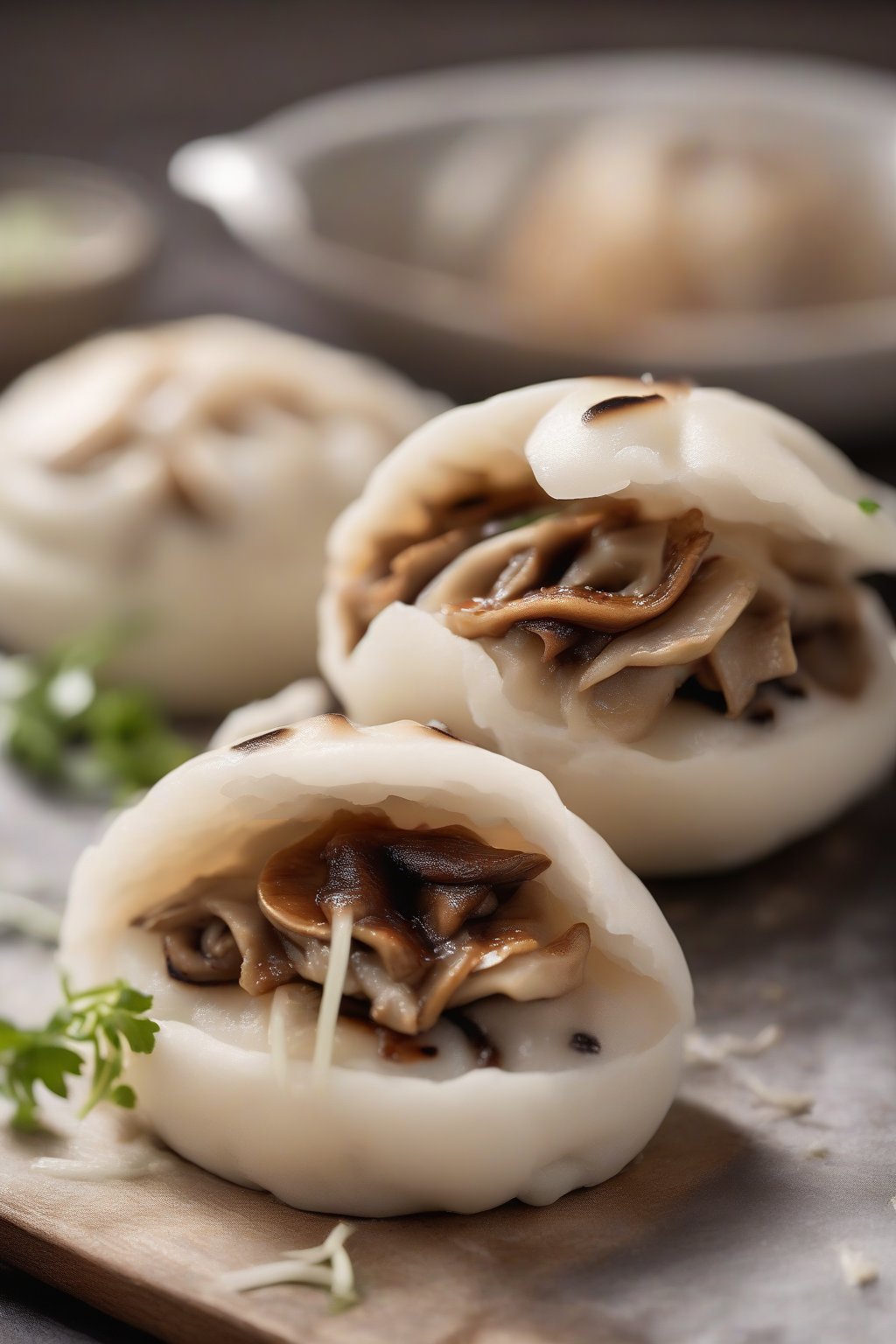 A high-resolution photo of earthy steamed shiitake mushroom bao buns, steam wisps rising, cross-section revealing textured filling, under soft lighting.
