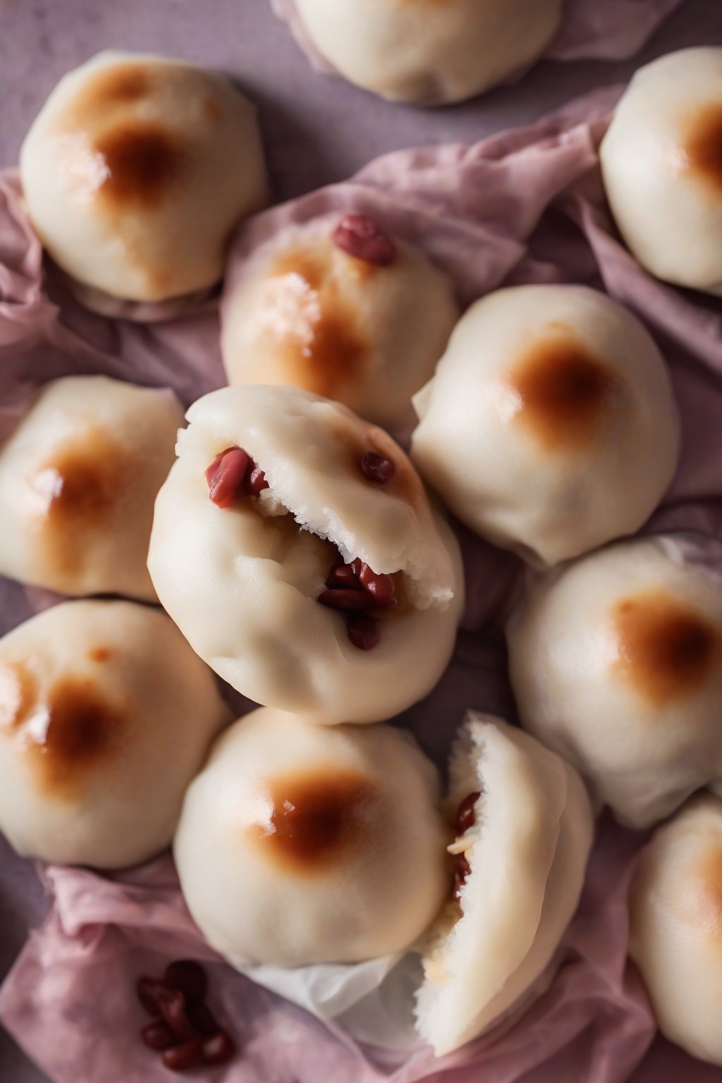 A high-resolution photo of pink-tinged fluffy red bean paste bao buns, one bitten to show oozy filling, under soft lighting.