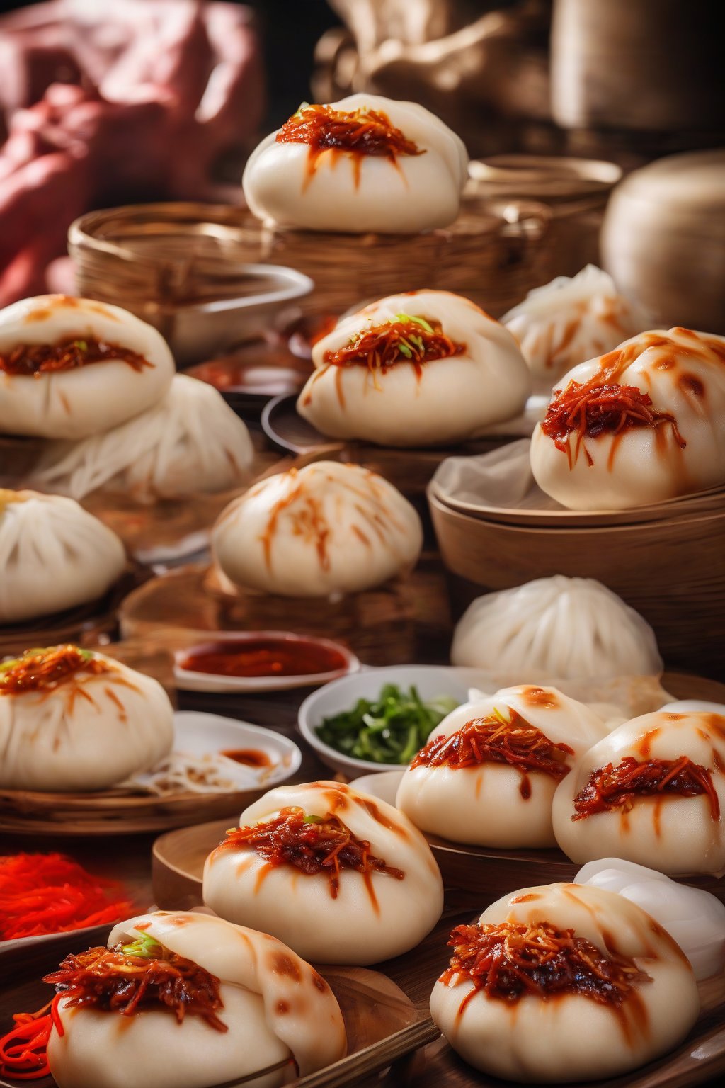 A high-resolution photo of vibrant red steamed spicy Sichuan pork bao buns, glossy and plump, under soft lighting.