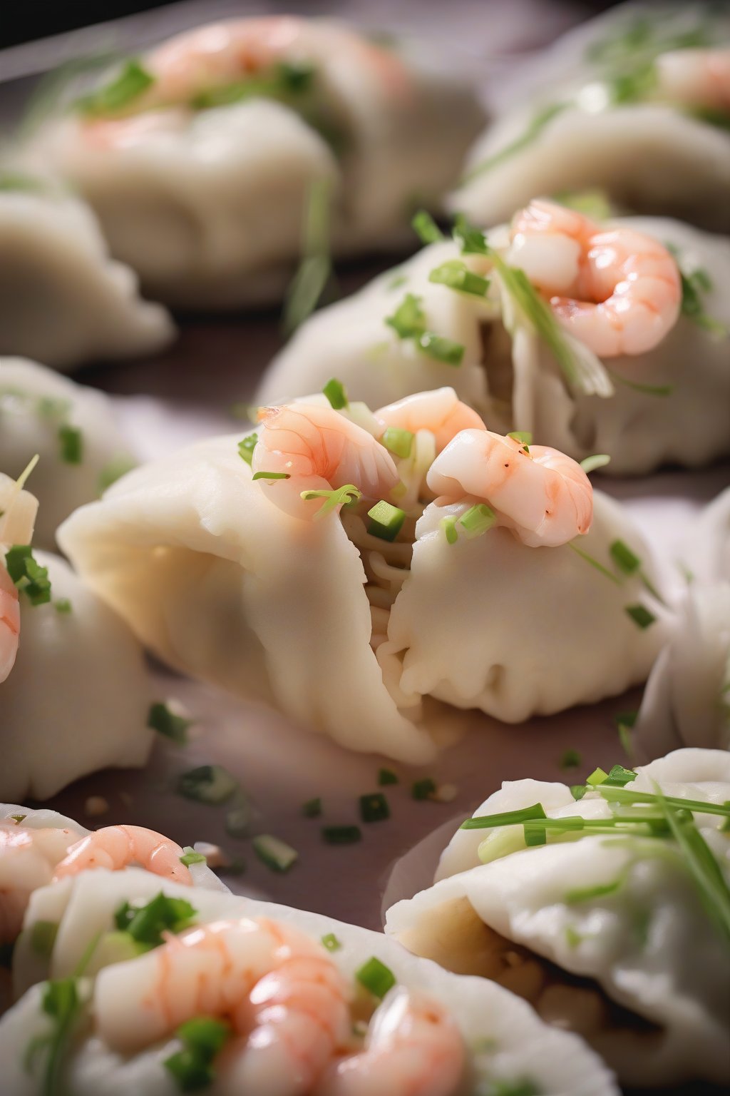 A high-resolution photo of delicate steamed shrimp and chive bao buns, halved to reveal pink shrimp flecks, under soft lighting.