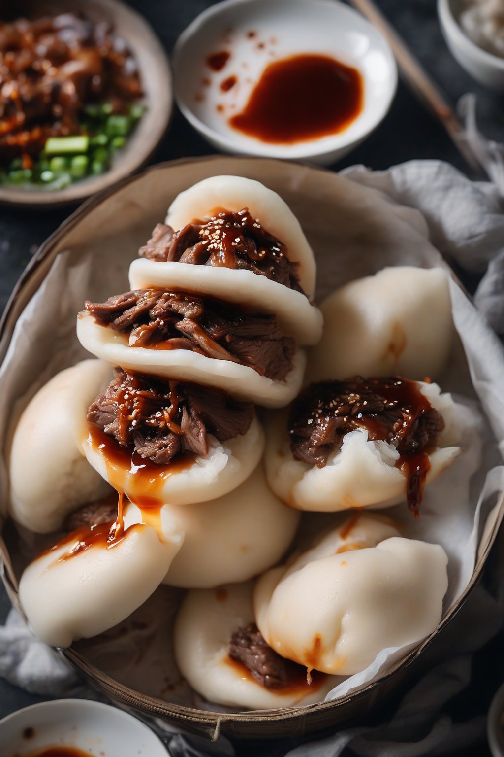 A high-resolution photo of smoky steamed BBQ beef bao buns, sauce dripping from a sliced open bun, under soft lighting.