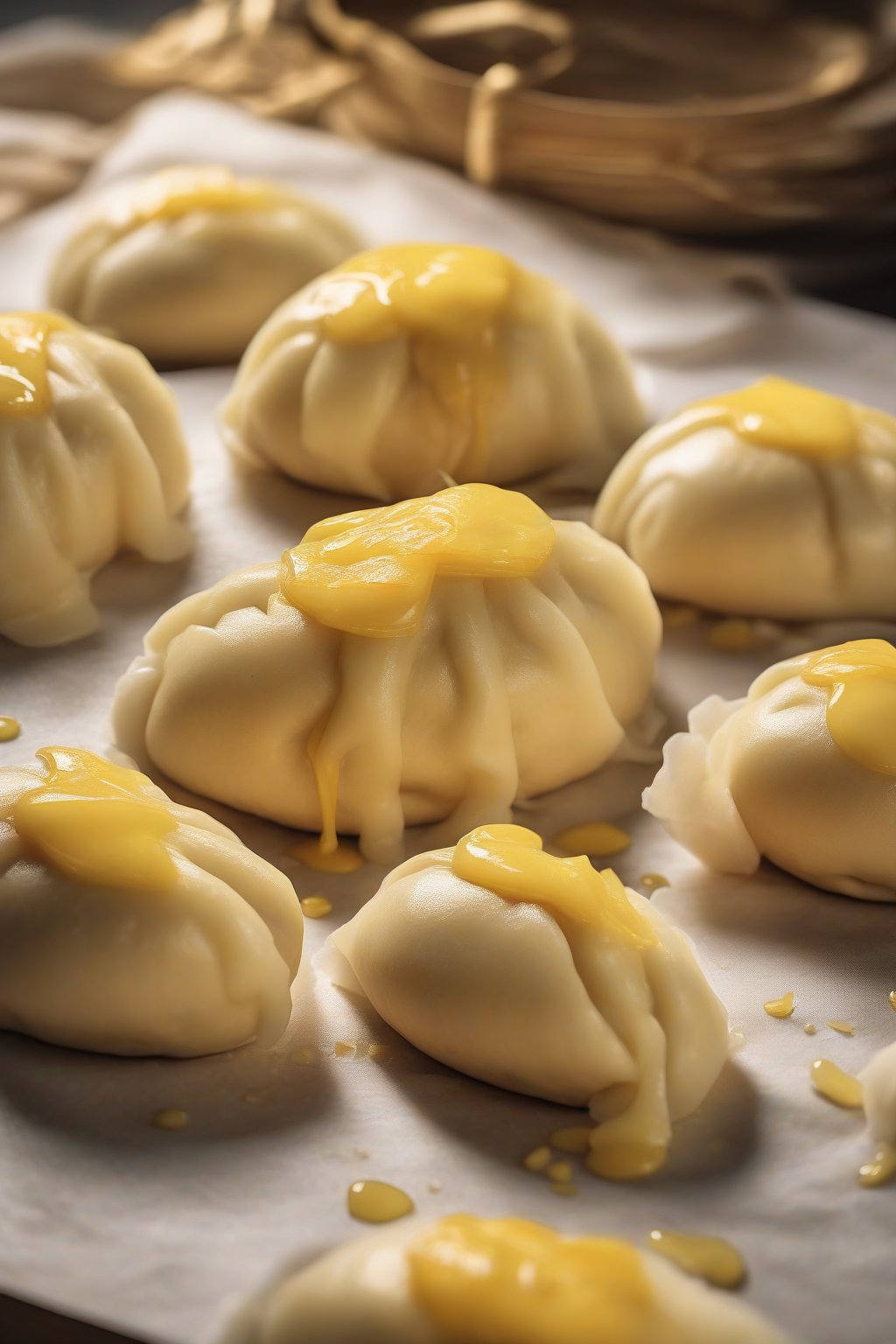 A high-resolution photo of golden steamed custard bao buns with cracked tops oozing yellow filling, under soft lighting.