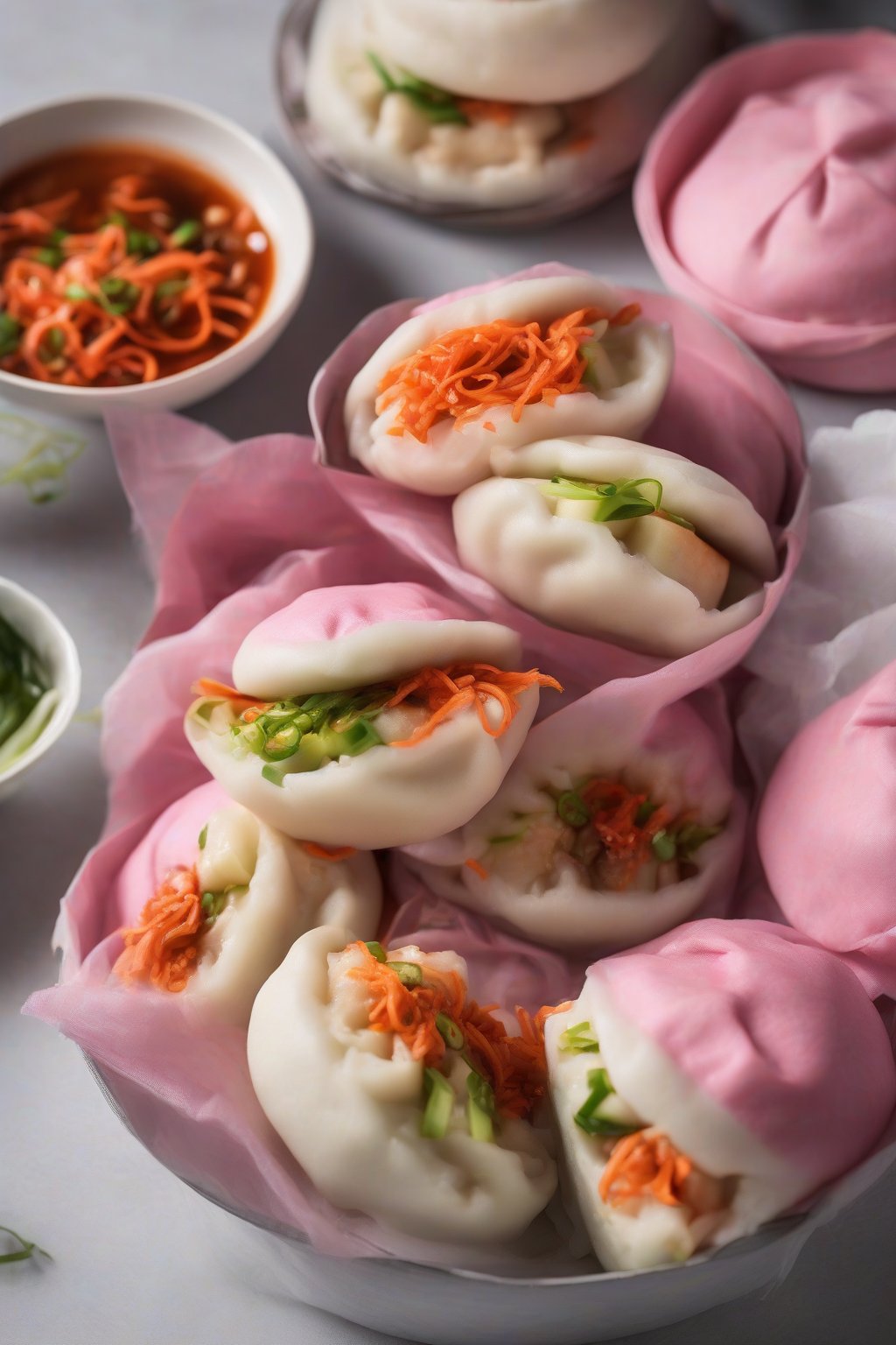 A high-resolution photo of colorful steamed tofu kimchi bao buns, vibrant pink filling peeking out, under soft lighting.