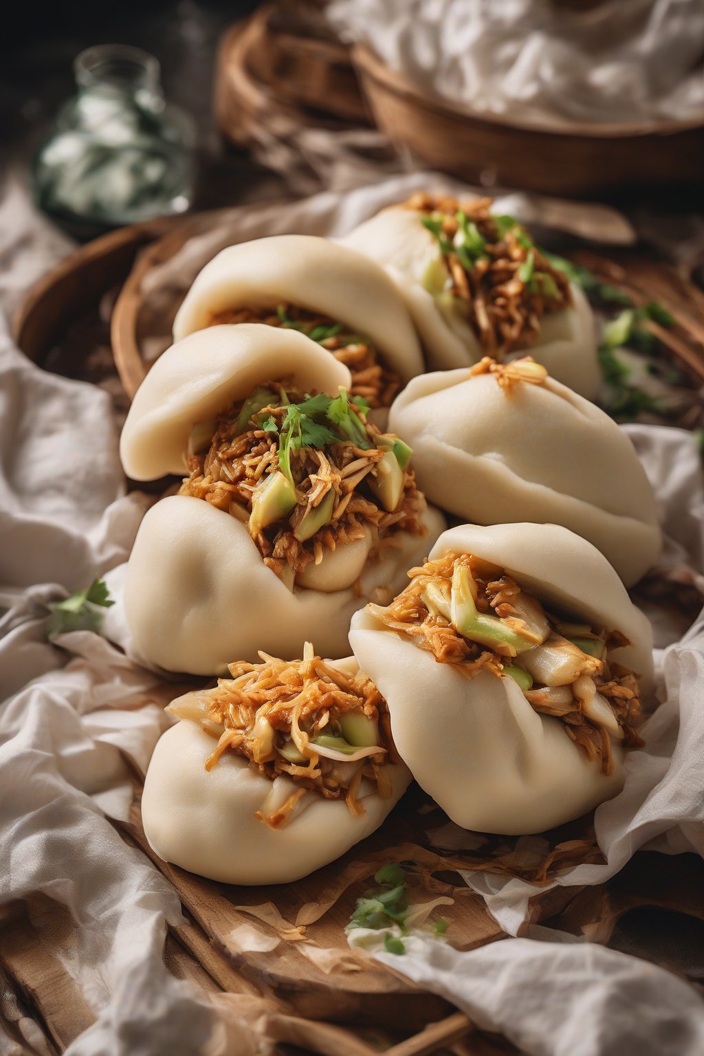 A high-resolution photo of pulled jackfruit steamed bao buns, shredded filling spilling out, under soft lighting.