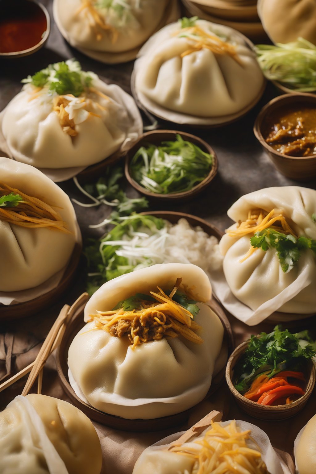 A high-resolution photo of aromatic steamed curry chicken bao buns, yellow-hued and steaming, under soft lighting.