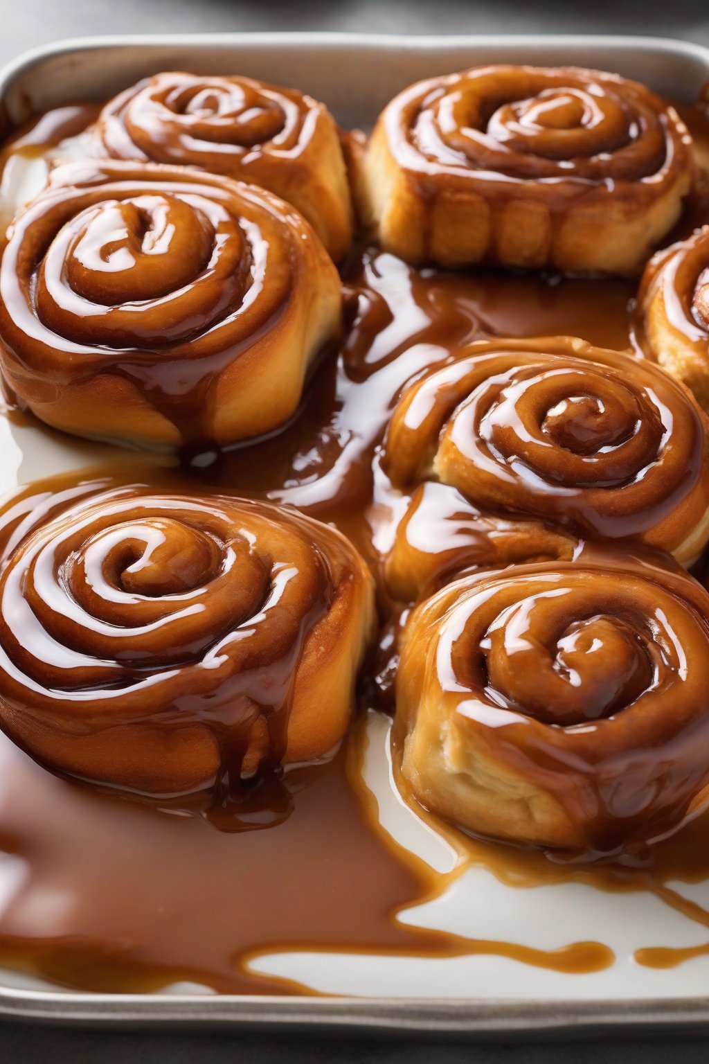 A high-resolution photo of golden-brown classic sticky cinnamon rolls oozing with caramel sauce, topped with a glossy glaze, under soft lighting.