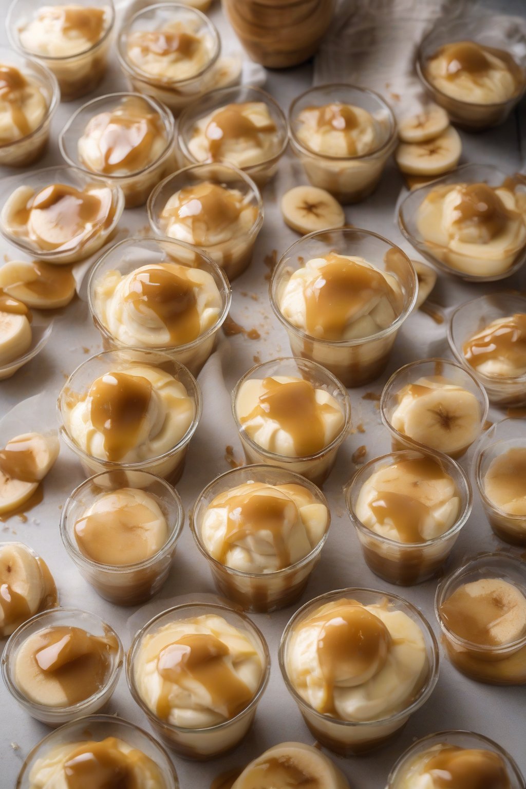A high-resolution photo of caramel-drizzled banana pudding cups with sea salt under soft lighting.