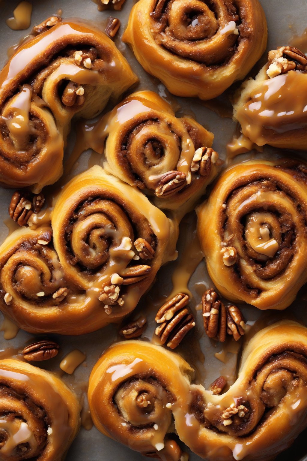 A high-resolution photo of pumpkin spice sticky cinnamon rolls with orange-hued dough and pecan clusters in shiny caramel, under soft lighting.