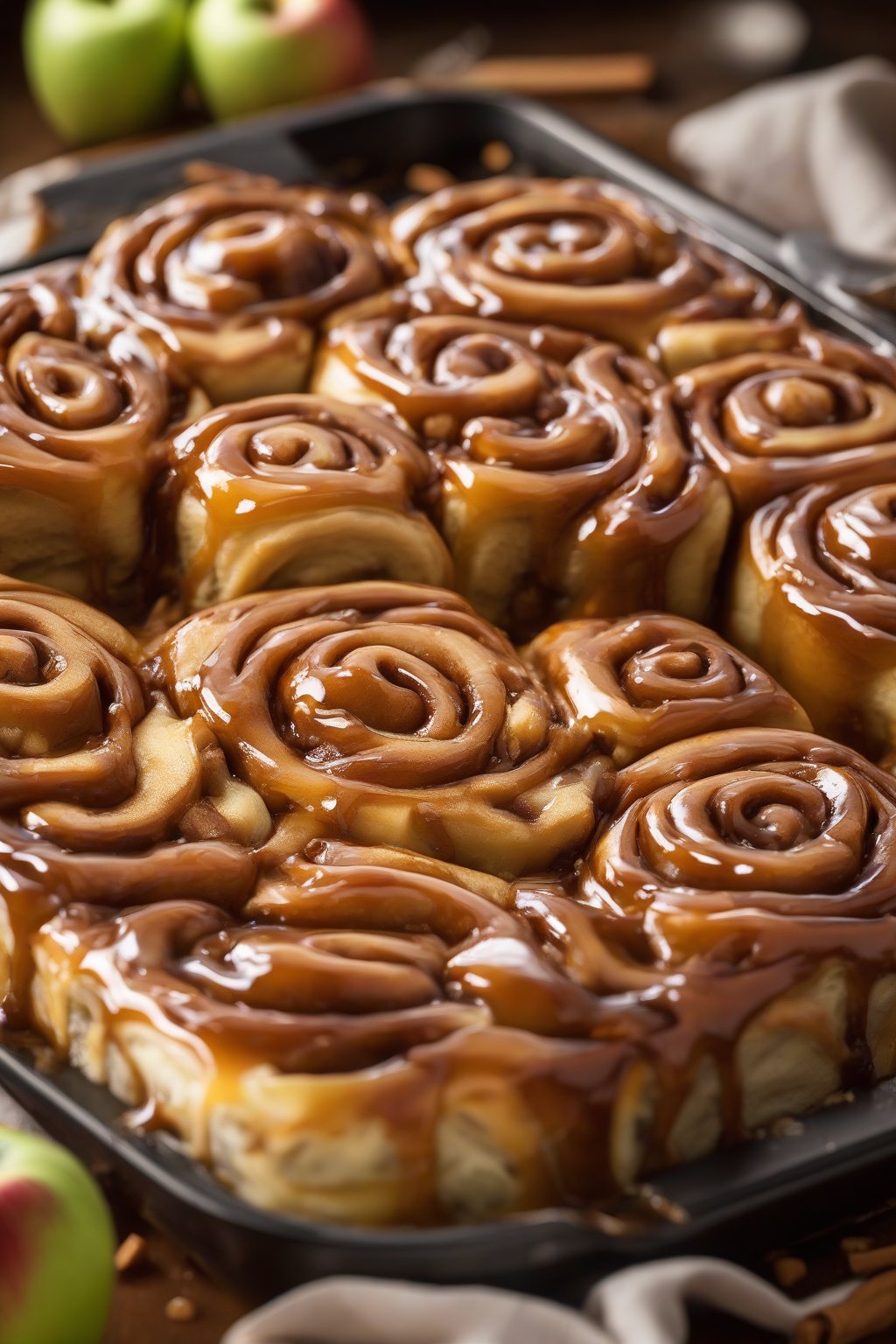 A high-resolution photo of caramel apple sticky cinnamon rolls with apple chunks peeking through gooey caramel layers, under soft lighting.
