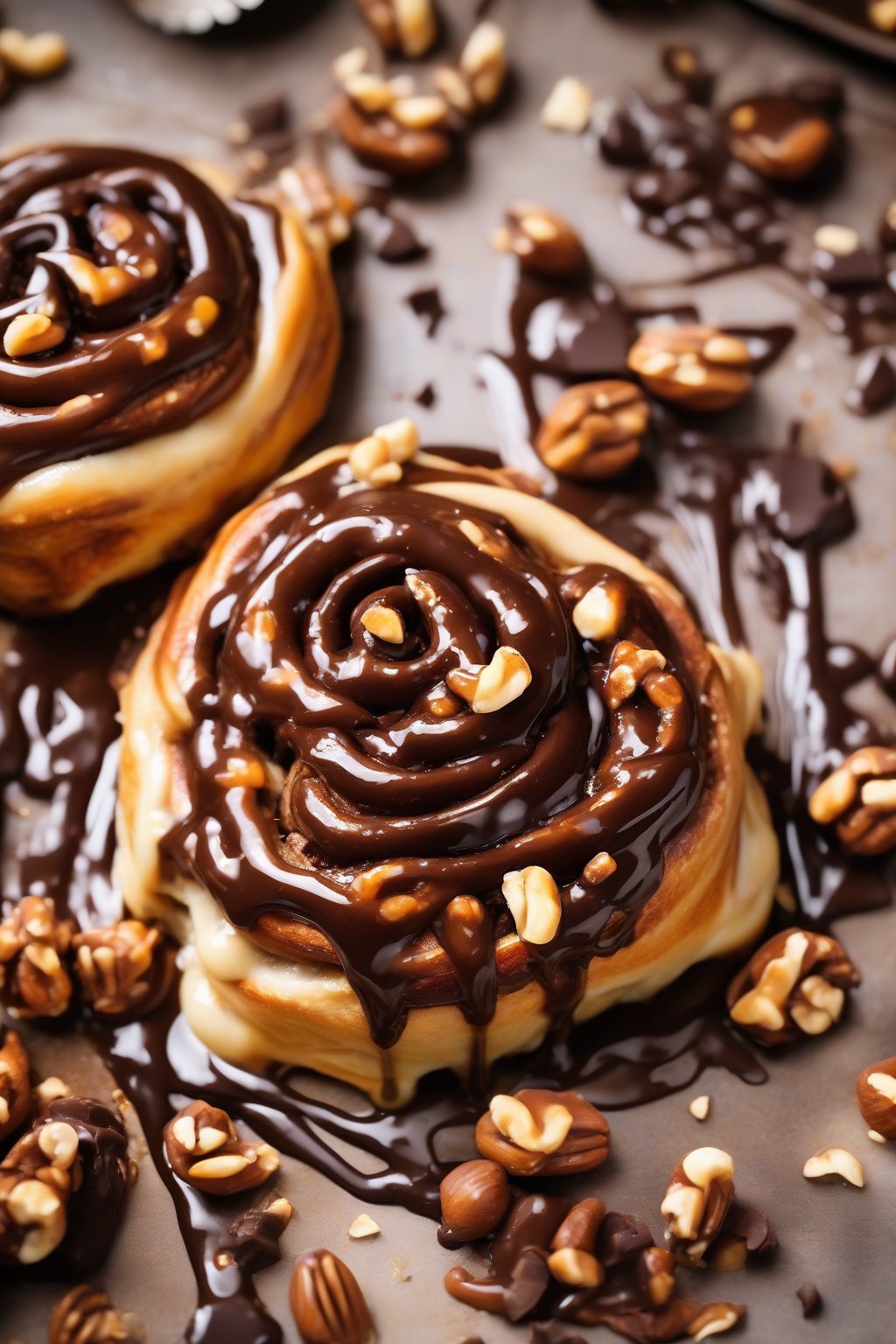 A high-resolution photo of chocolate hazelnut sticky cinnamon rolls dripping with melted chocolate and caramel, sprinkled with nuts, under soft lighting.