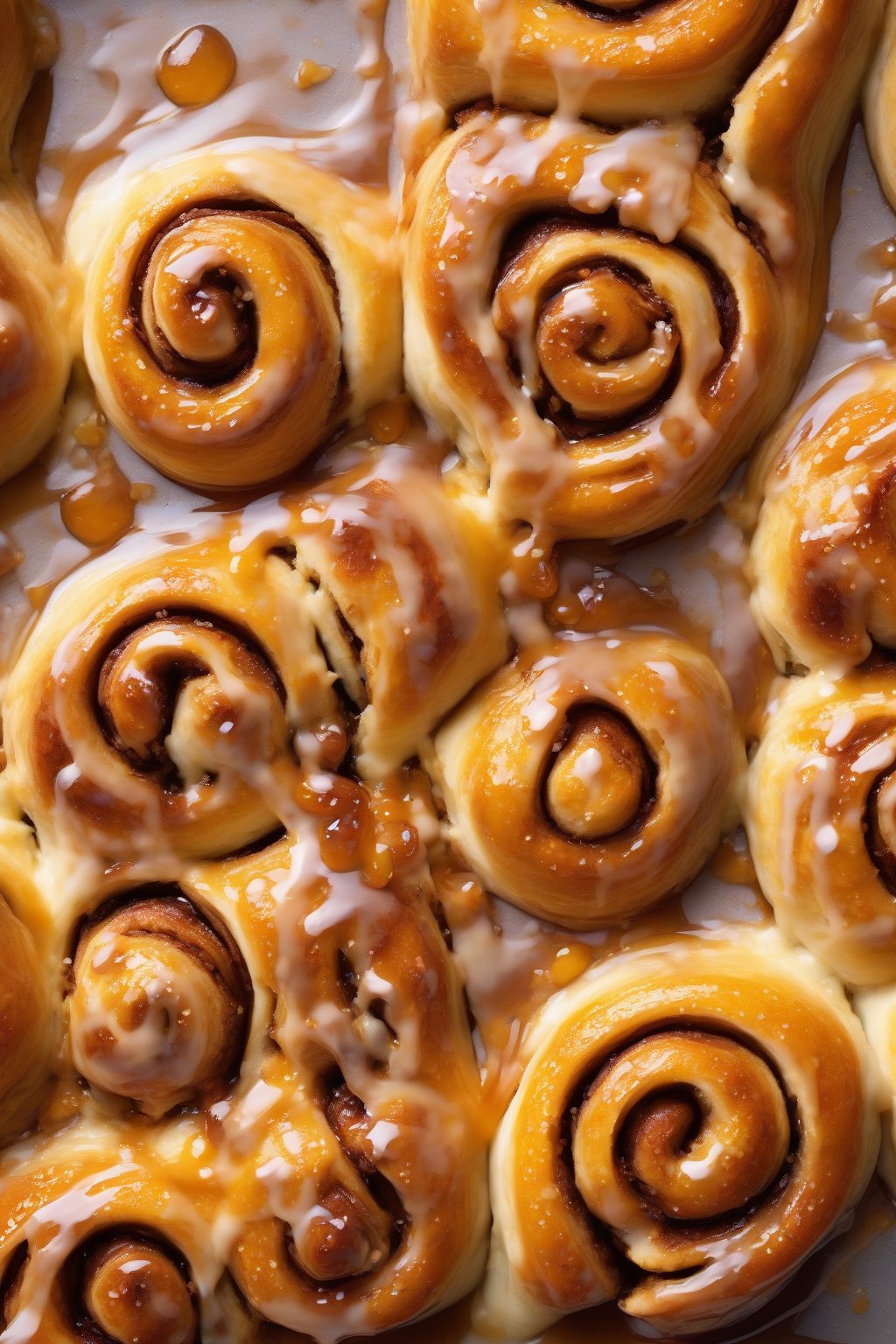 A high-resolution photo of orange zest sticky cinnamon rolls with vibrant flecks and citrus-glazed tops over caramel pools, under soft lighting.