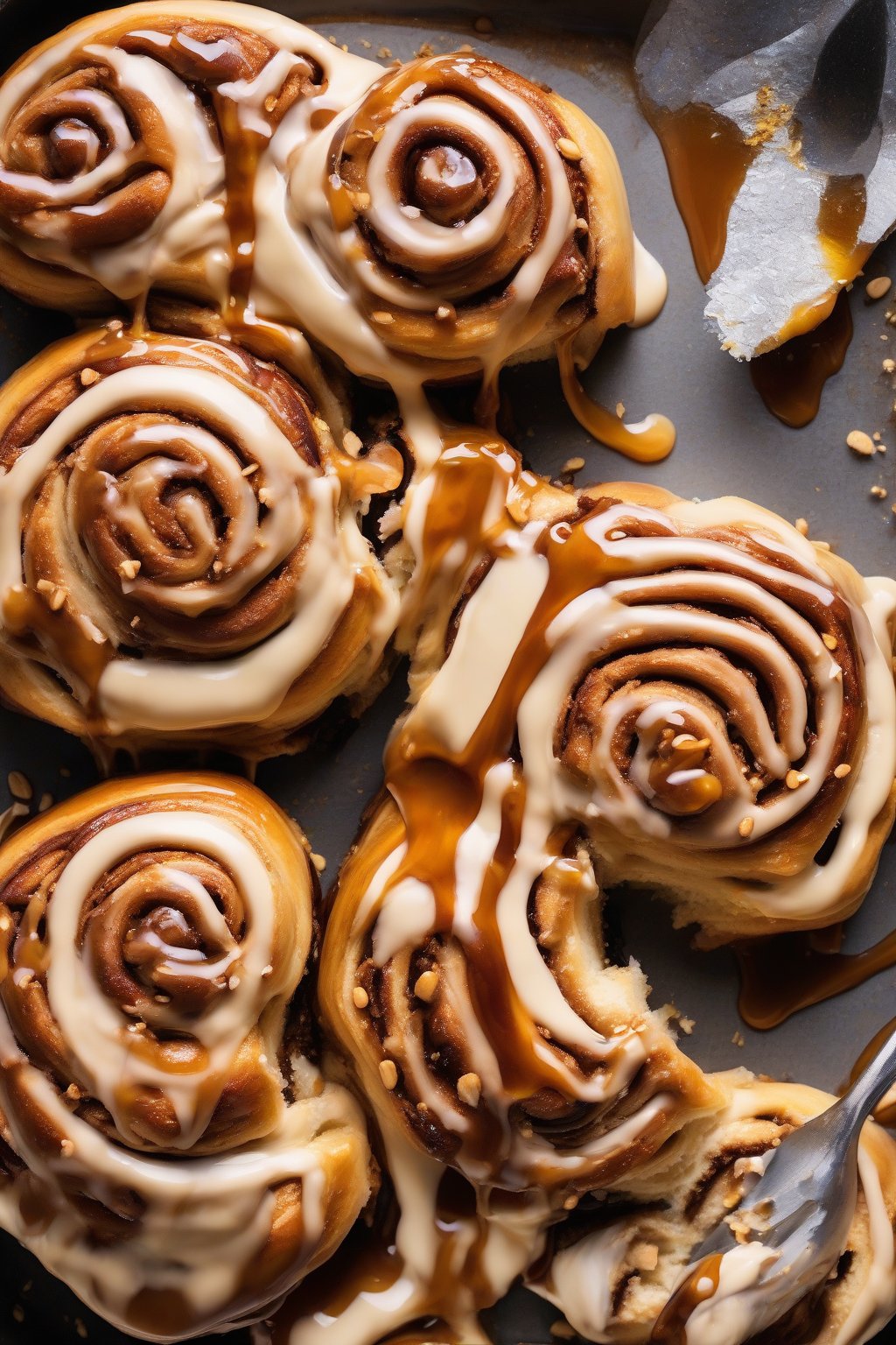 A high-resolution photo of peanut butter sticky cinnamon rolls with creamy swirls and honey-drizzled caramel, under soft lighting.