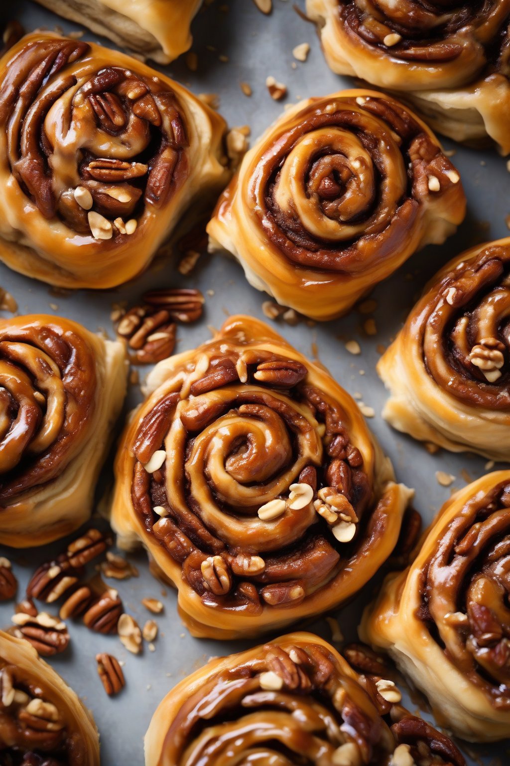 A high-resolution photo of maple pecan sticky cinnamon rolls piled high with nuts and glossy maple caramel, under soft lighting.