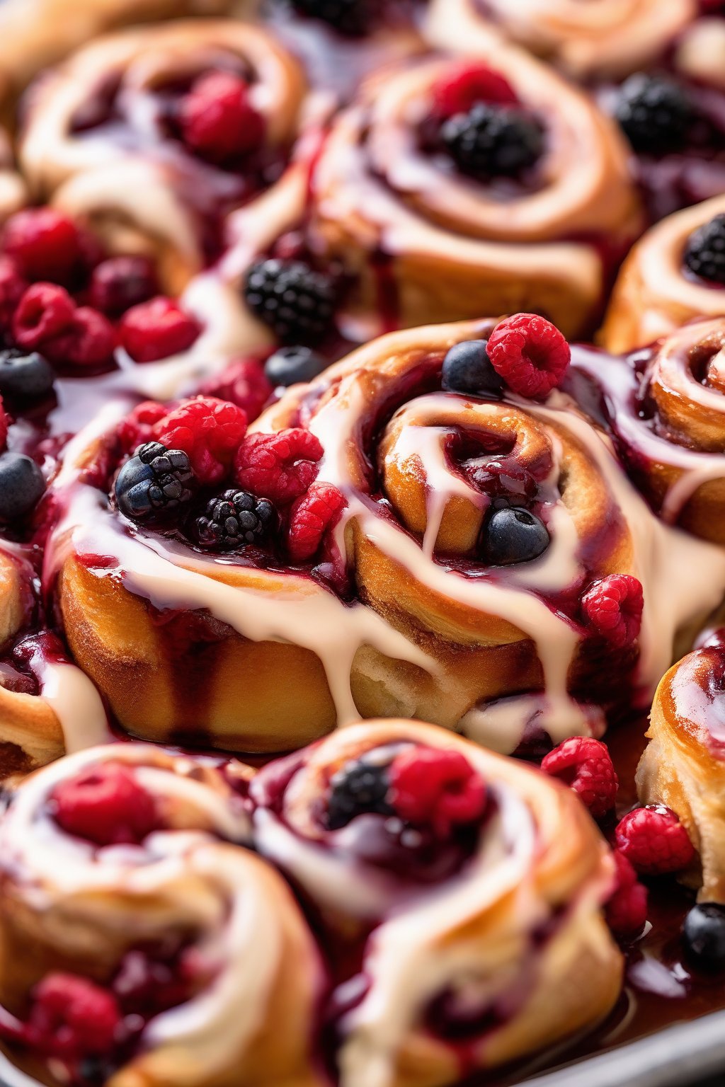 A high-resolution photo of berry blast sticky cinnamon rolls with juicy red berries staining the caramel topping, under soft lighting.