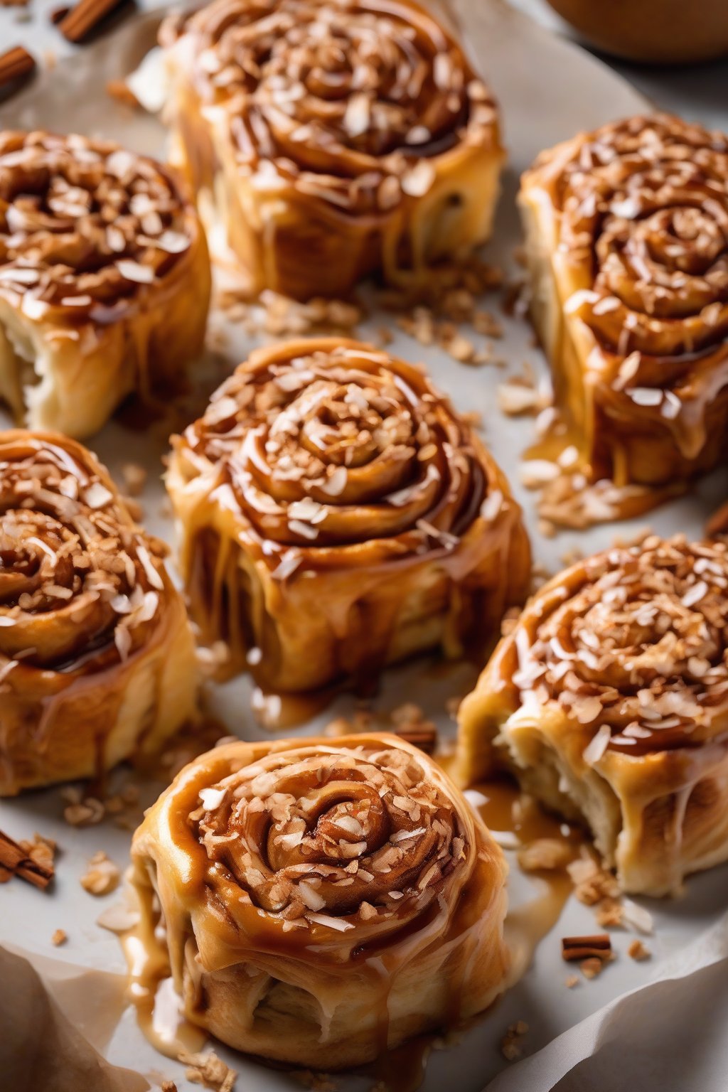 A high-resolution photo of coconut sticky cinnamon rolls topped with toasted flakes in creamy caramel, under soft lighting.