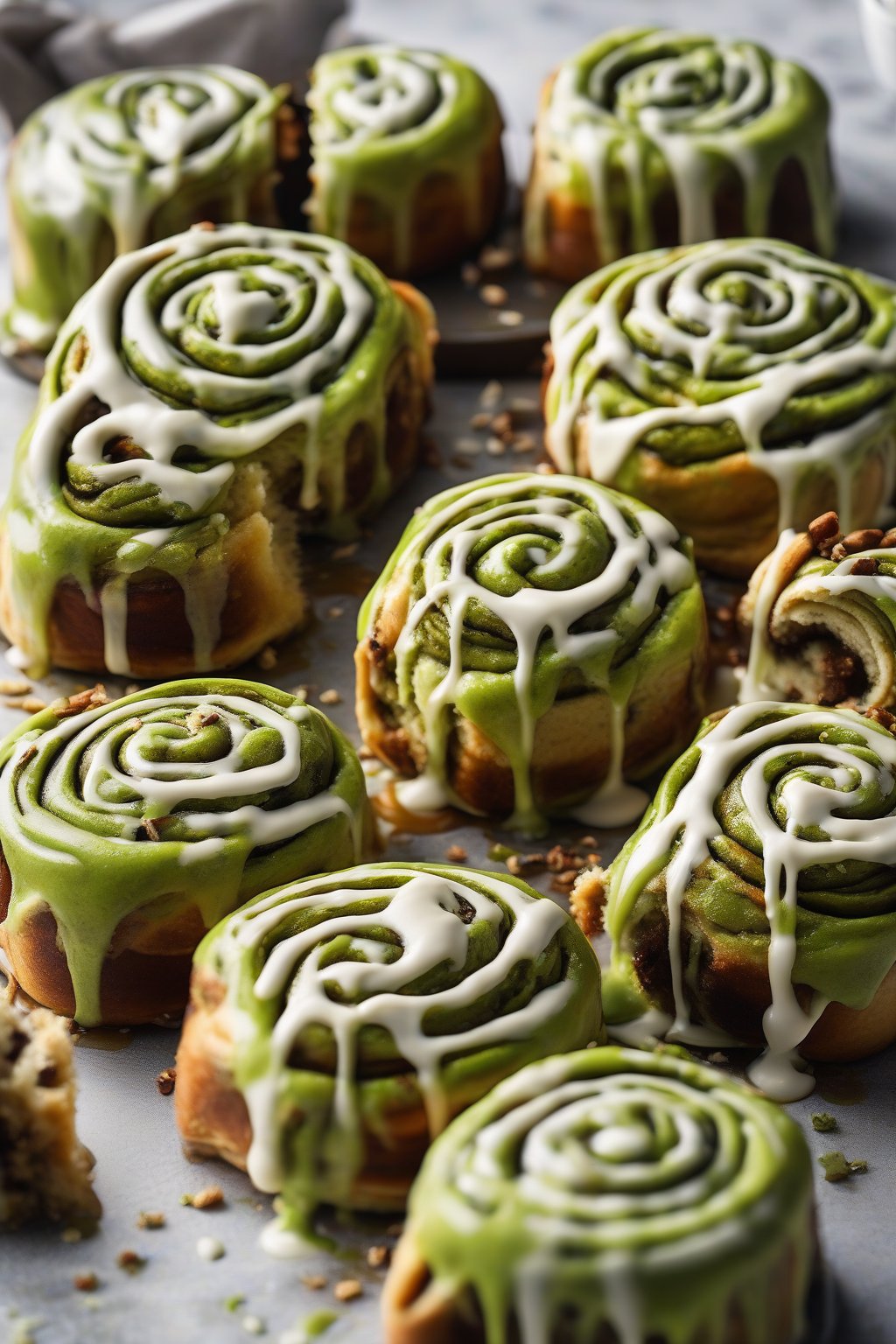 A high-resolution photo of matcha green tea sticky cinnamon rolls with vibrant green dough and white chocolate drizzle, under soft lighting.