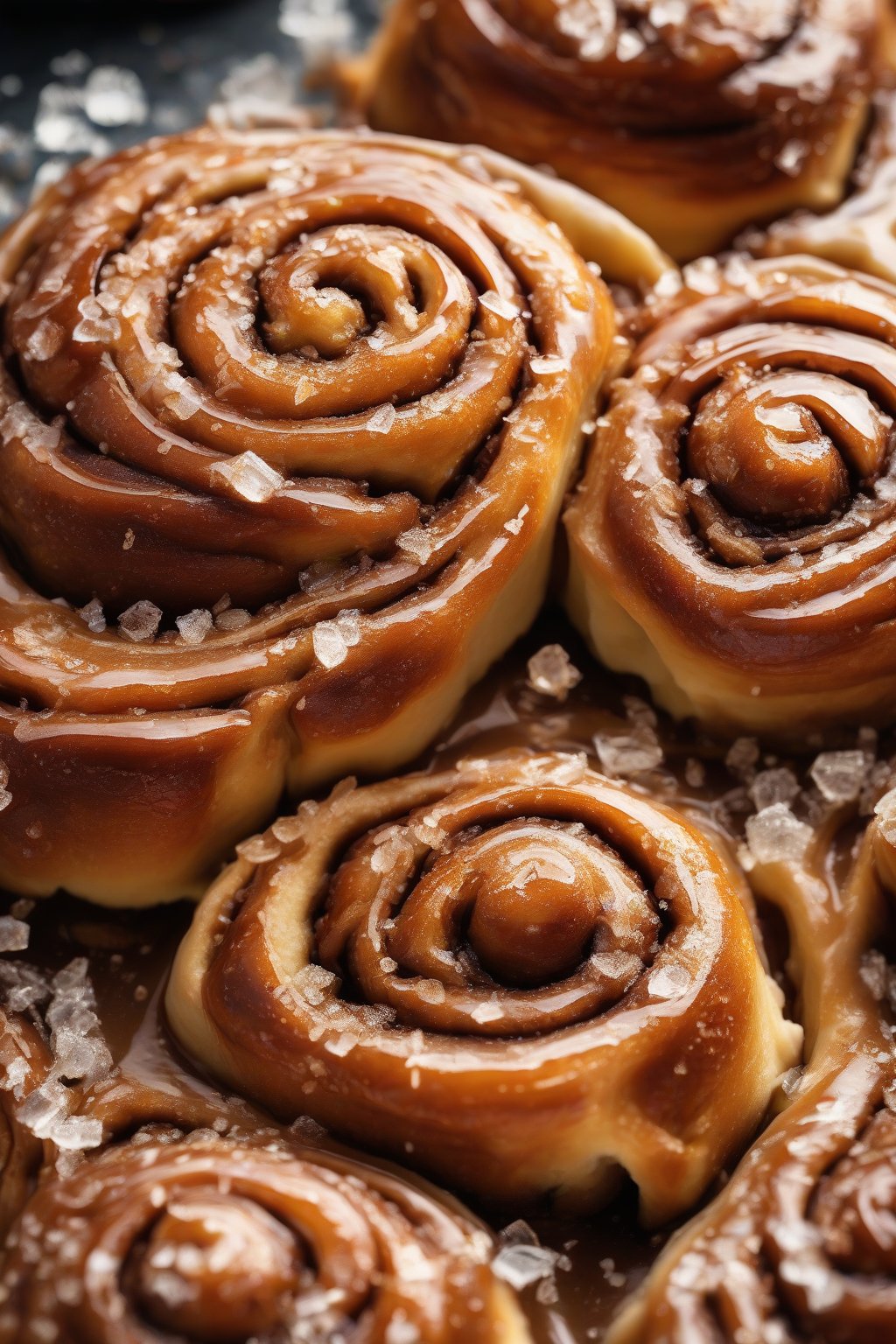 A high-resolution photo of salted caramel sticky cinnamon rolls glistening with flaky sea salt crystals, under soft lighting.