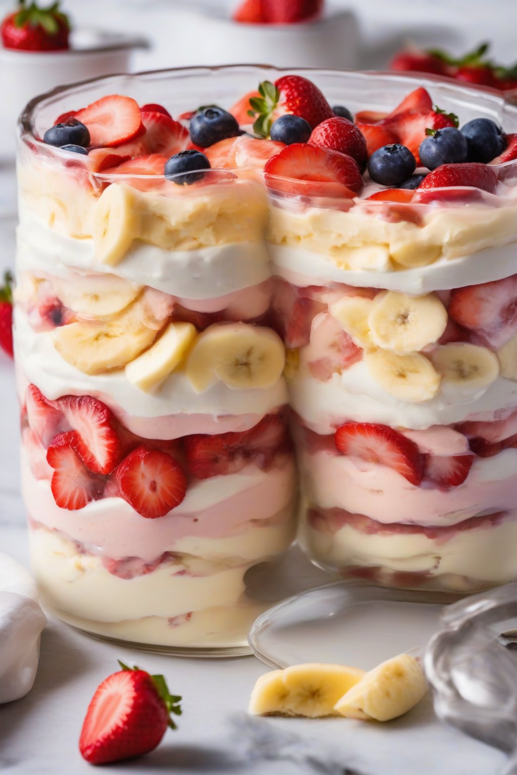 A high-resolution photo of strawberry banana pudding layers with fresh berry slices under soft lighting.