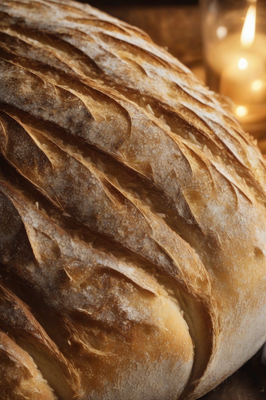 A close-up photo of a golden-crusted classic sourdough loaf with a rustic score, steam rising, under soft lighting.