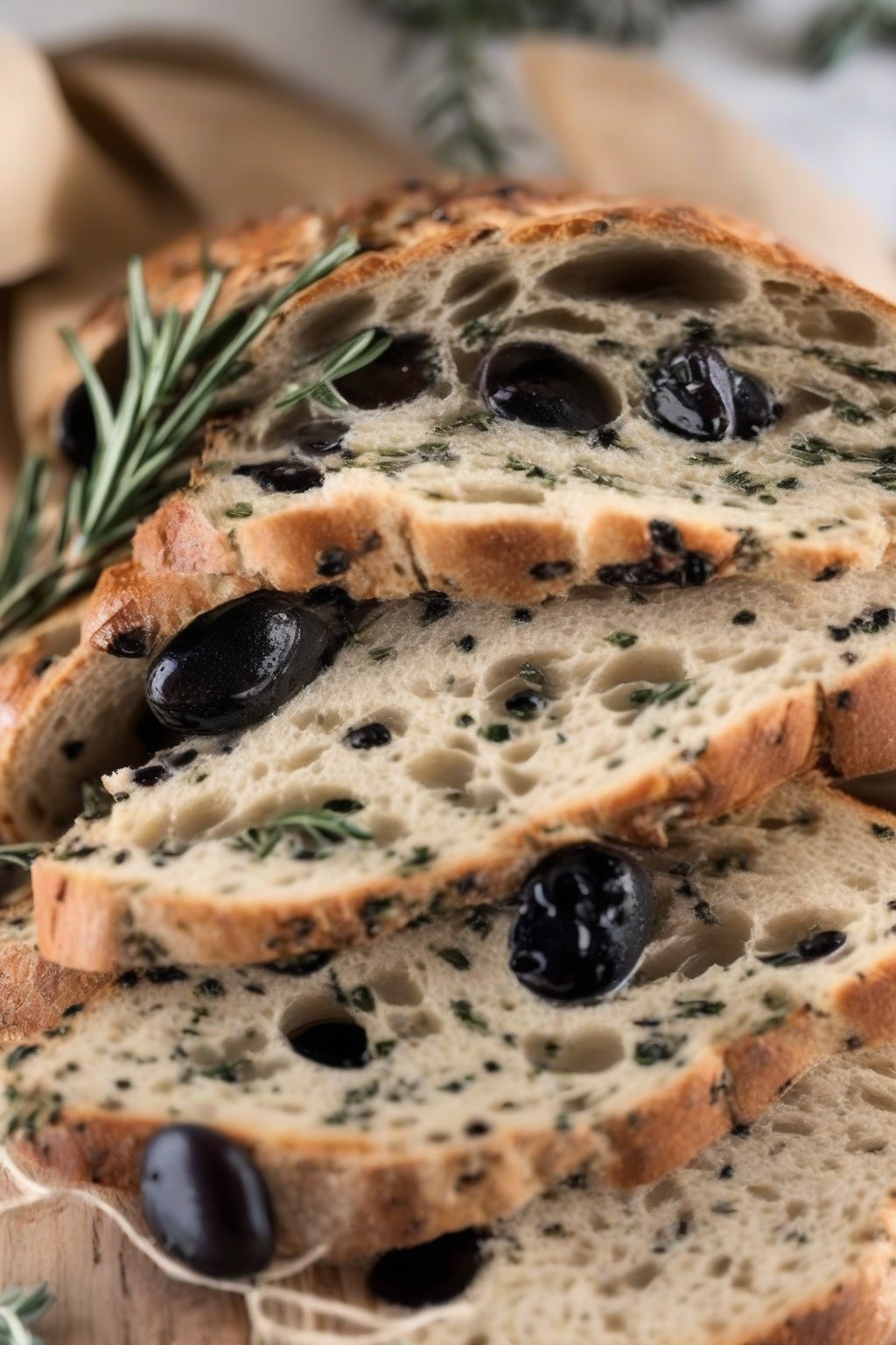 A close-up photo of sliced rosemary olive sourdough showing black olives and green flecks, crusty exterior, under soft lighting.