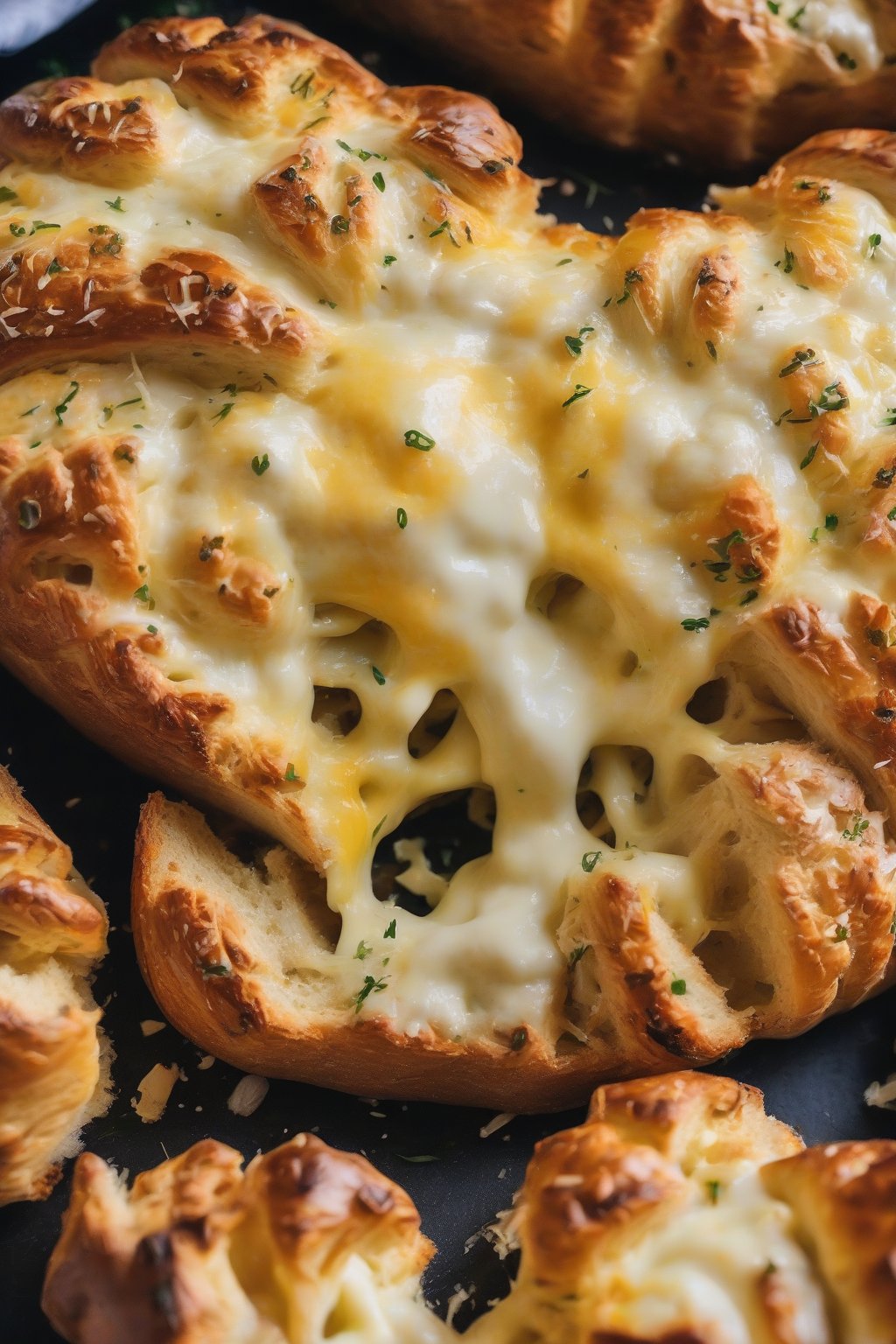 A close-up photo of cheesy garlic pull-apart sourdough with melted cheese oozing, garlic cloves visible, under soft lighting.