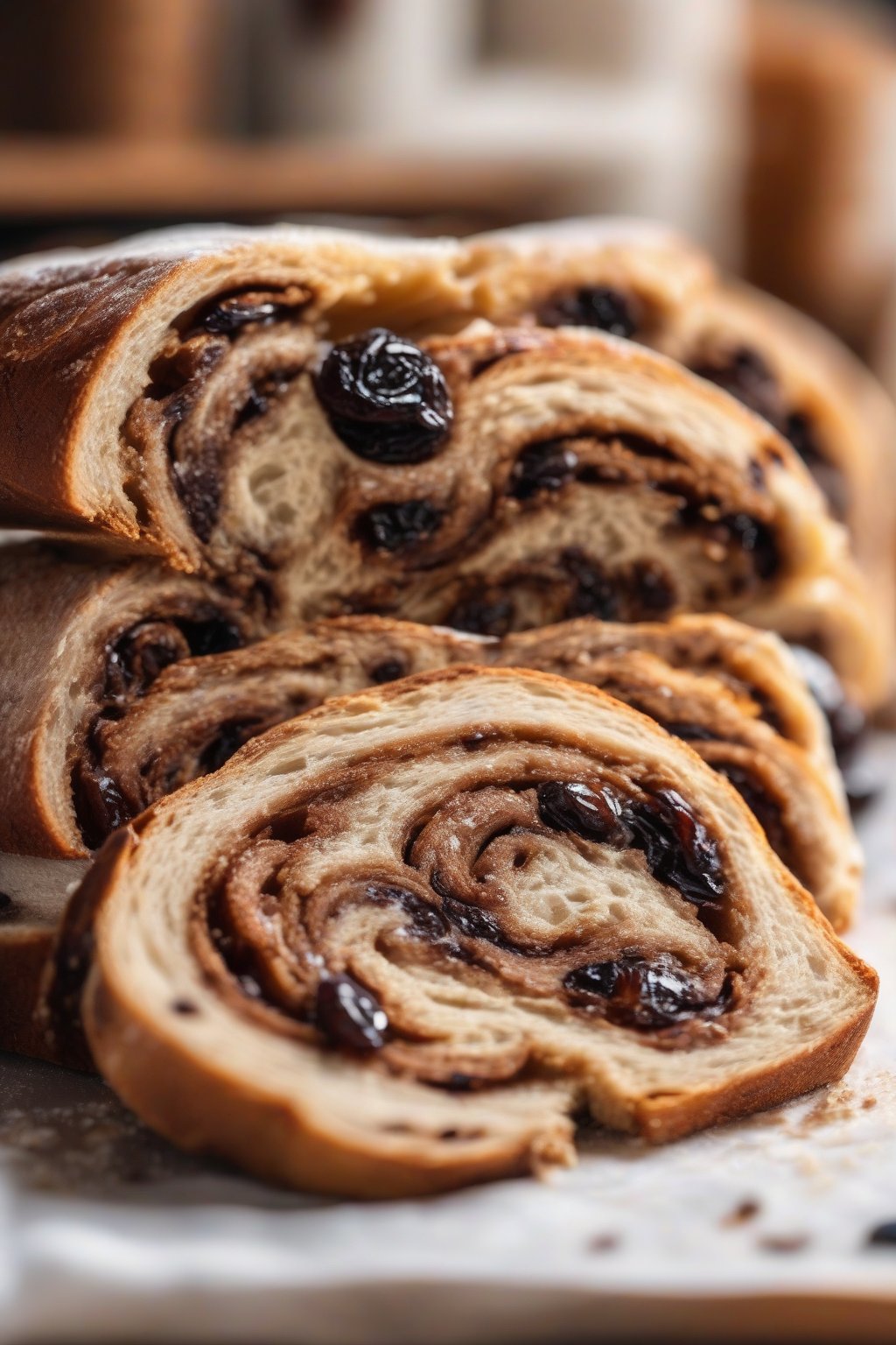 A close-up photo of sliced cinnamon raisin swirl sourdough revealing gooey swirls and plump raisins, under soft lighting.