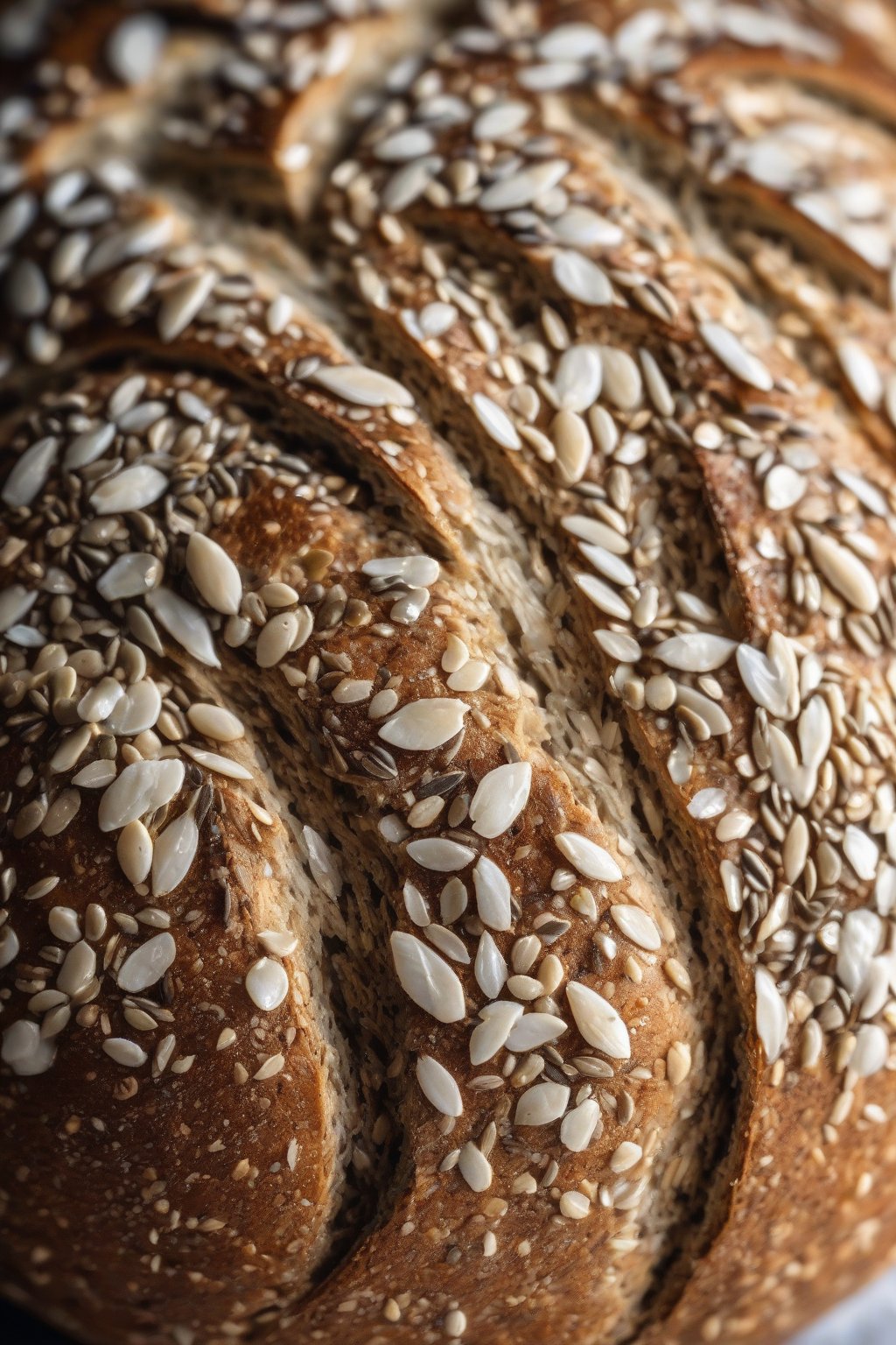 A close-up photo of seedy multigrain sourdough boule dusted with seeds, cracked open to show airy crumb, under soft lighting.
