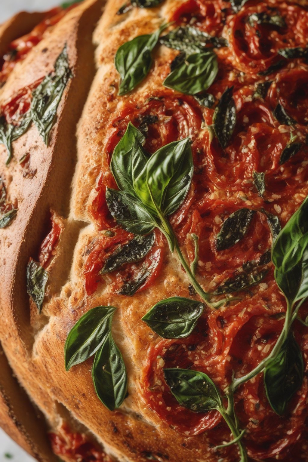 A close-up photo of sundried tomato basil sourdough with red tomato flecks and green basil, glossy crust, under soft lighting.