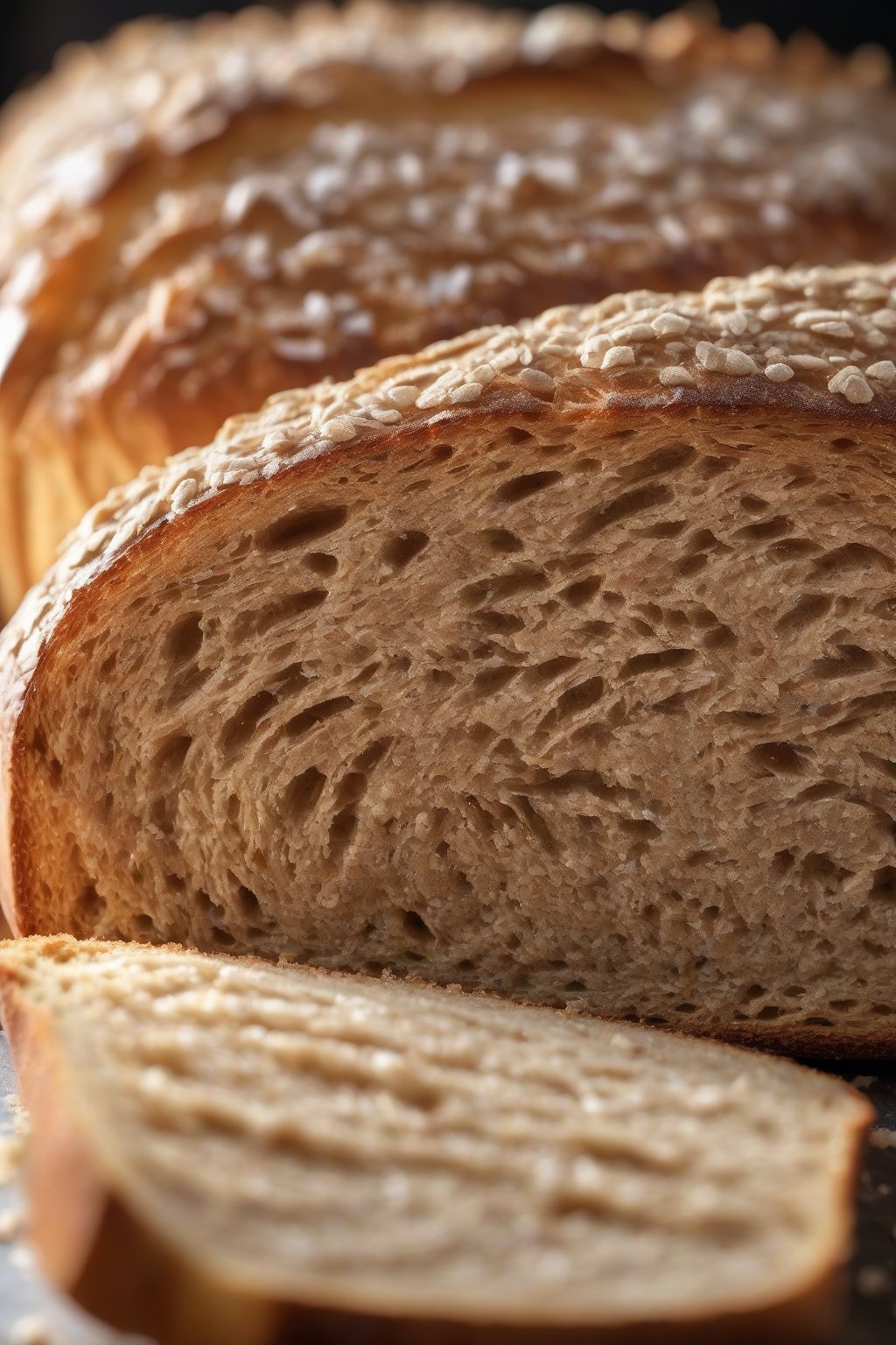 A close-up photo of whole wheat honey sourdough loaf with a matte crust and dense, honey-glazed crumb, under soft lighting.