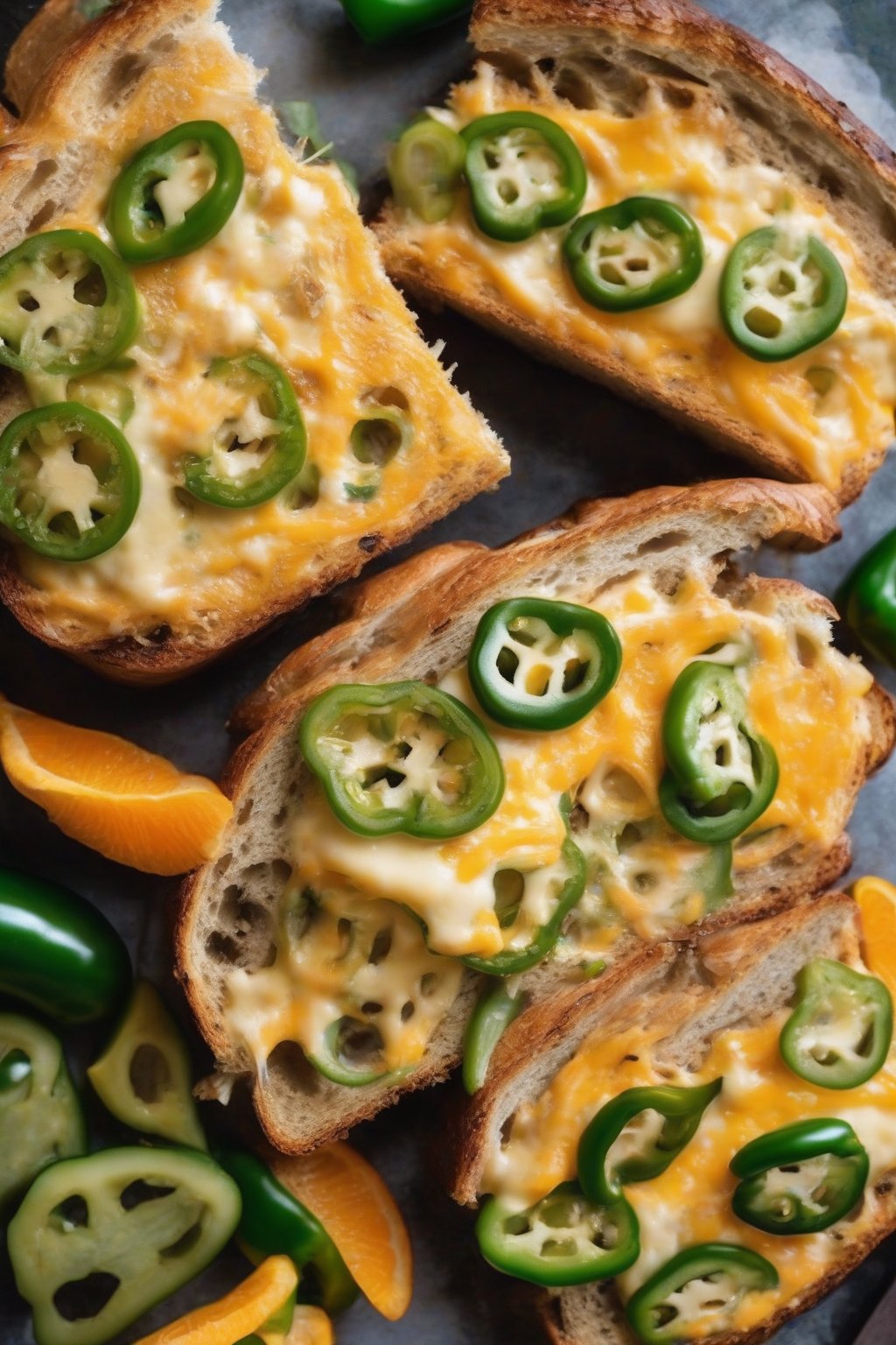 A close-up photo of jalapeño cheddar sourdough with green peppers and orange cheese melt, rustic slices, under soft lighting.