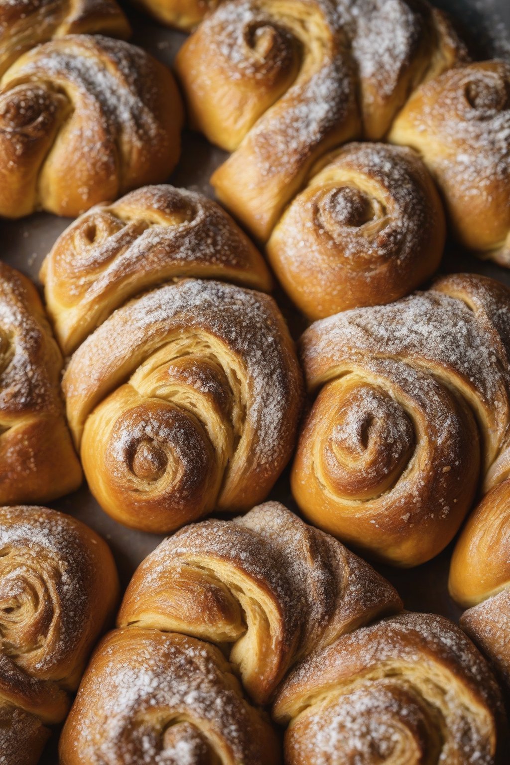 A close-up photo of golden pumpkin spice sourdough rolls clustered together, spiced dusting on top, under soft lighting.